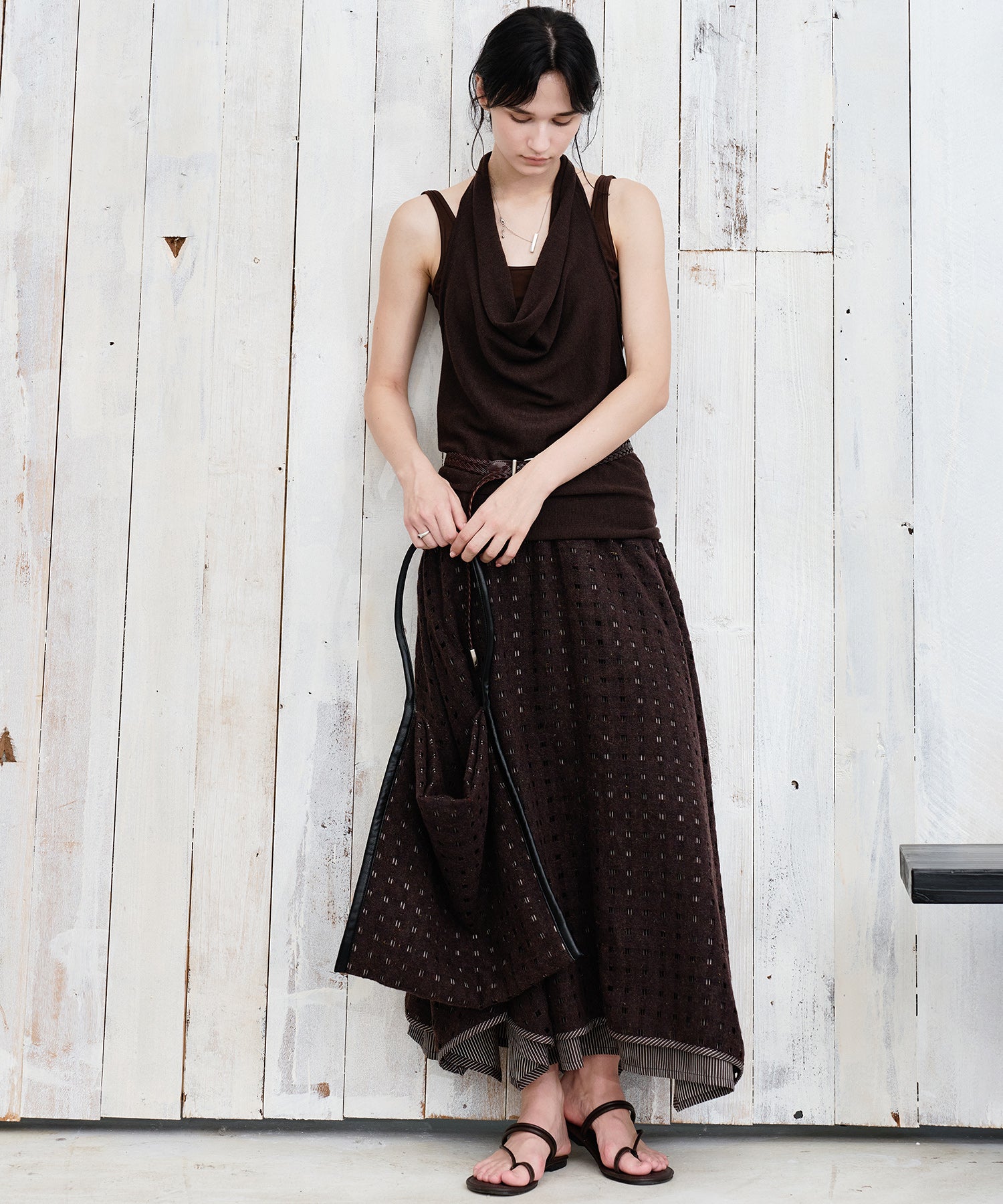 Cut-Out Layered High-Waist A-Line Midi Flare Skirt