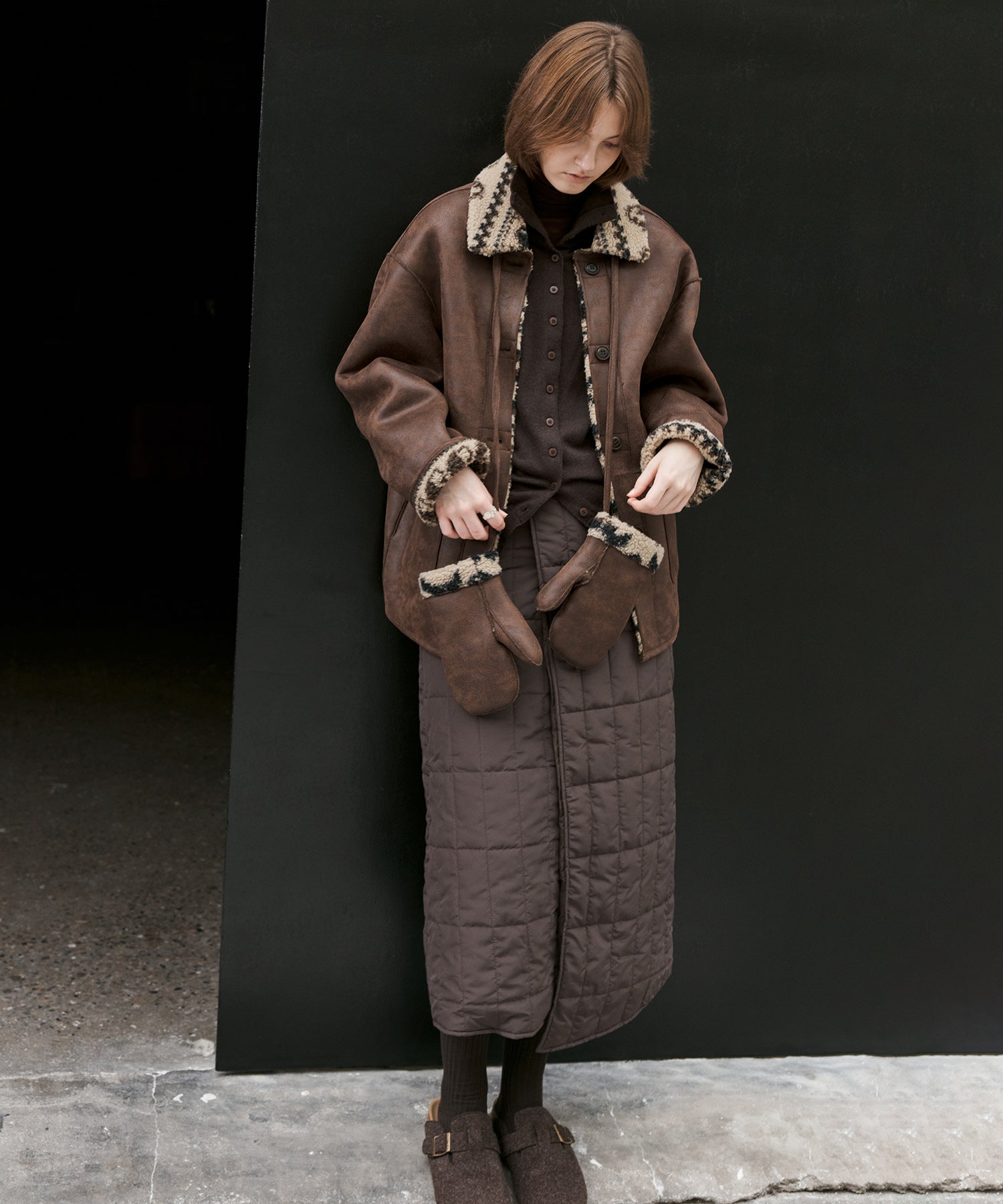 Quilted Overlap Long Skirt Straight Silhouette Padded Warm Winter Skirt