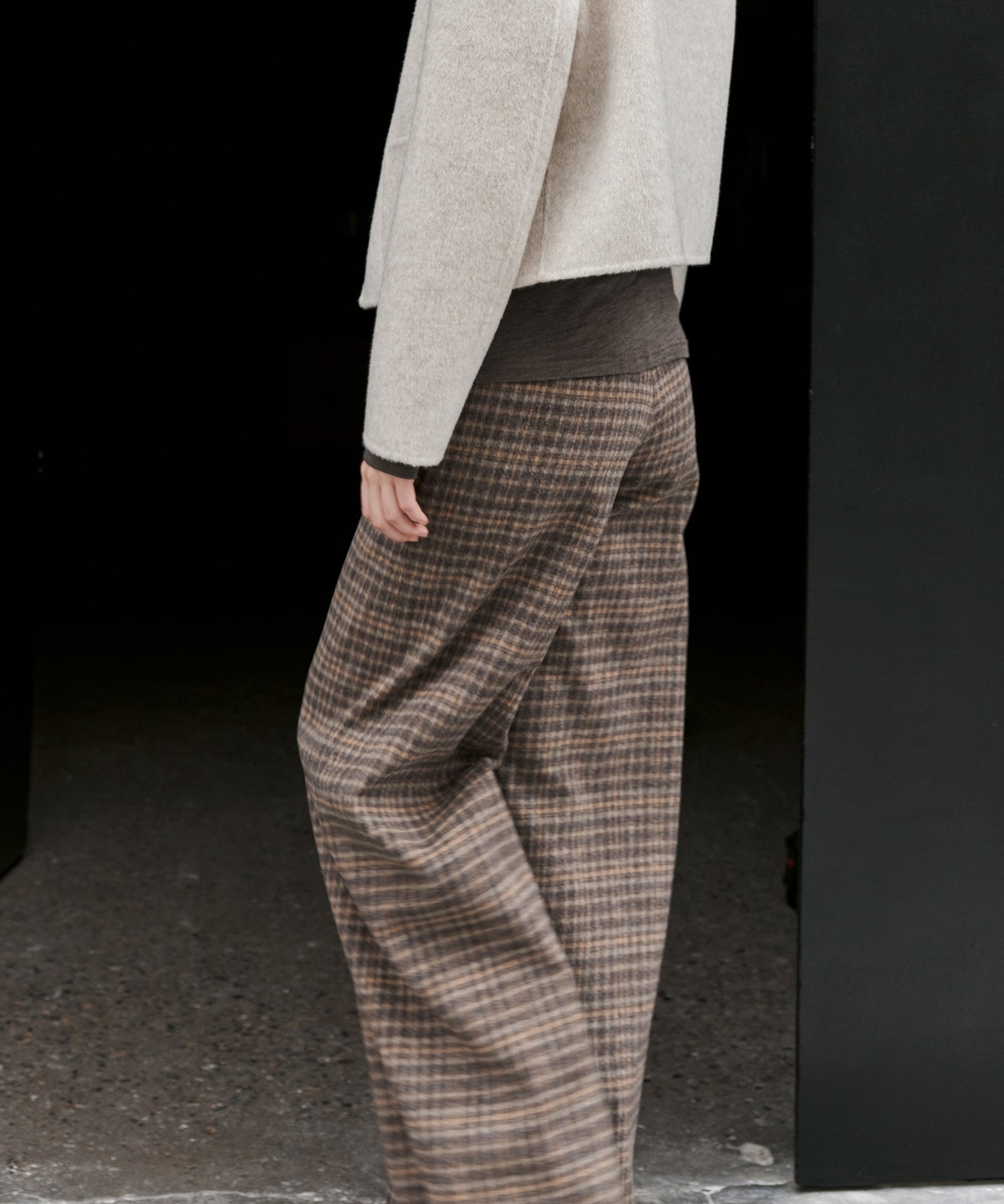 Wool Blend Yarn-Dyed Vintage Check Brushed Wide-Leg Pants