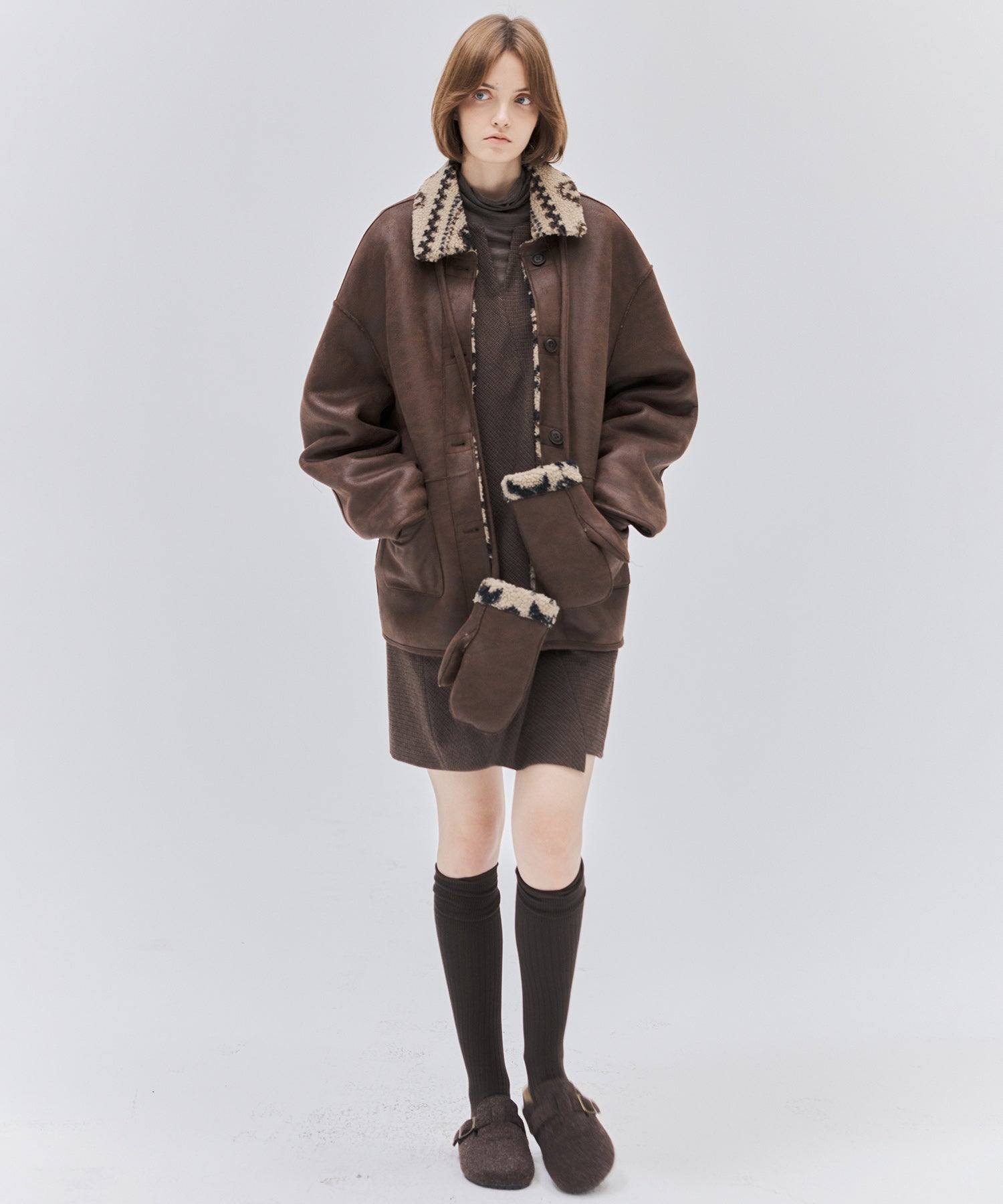 Fair Isle Faux Shearling Jacket with Gloves