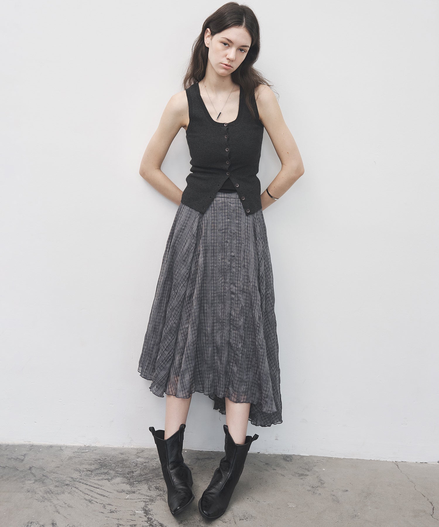 Asymmetric Hem Crinkled Check Midi Skirt – A-Line Silhouette