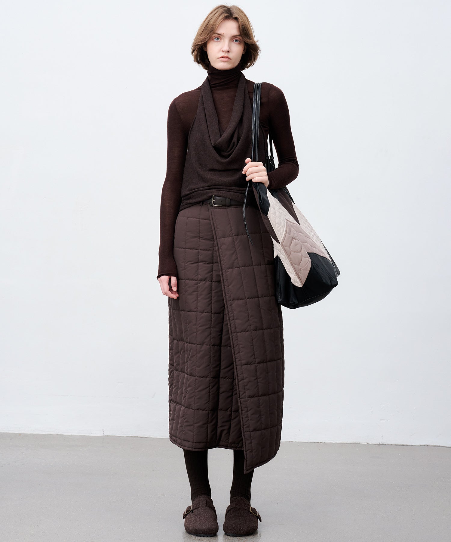 Quilted Overlap Long Skirt Straight Silhouette Padded Warm Winter Skirt