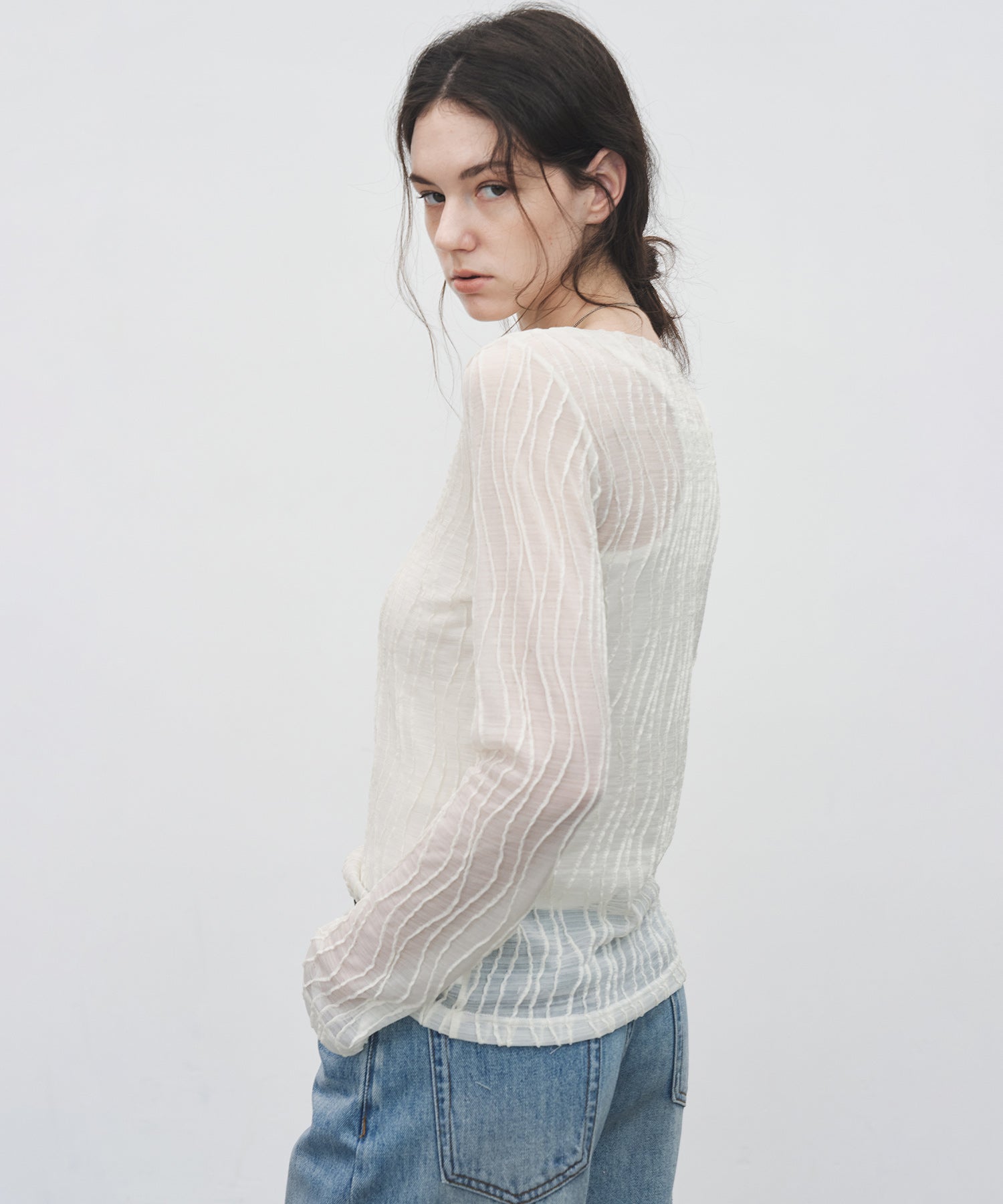 Jacquard Mesh Boat Neck Top – Sheer Long Sleeve Tee