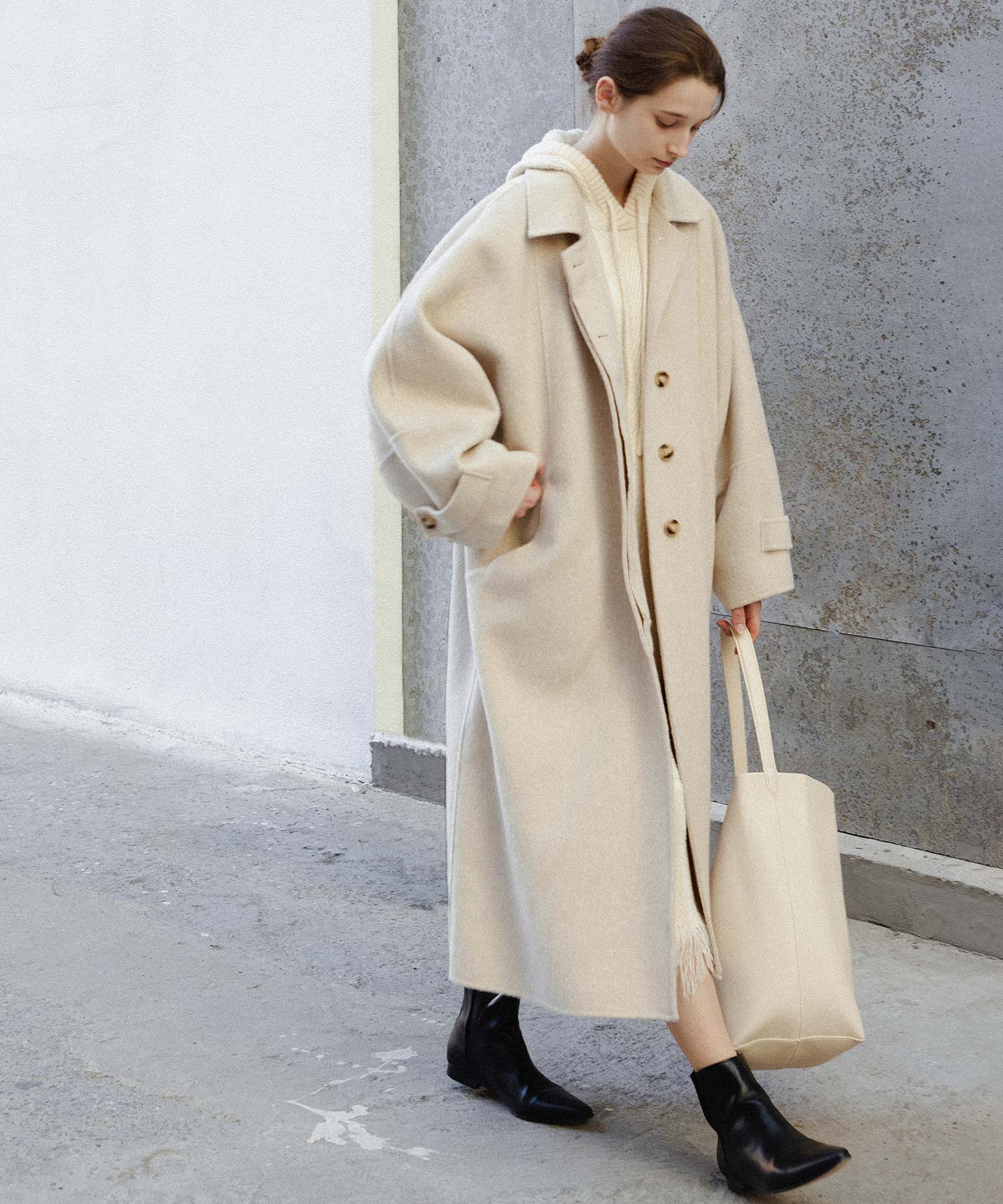 Double-Face Wool Cocoon Coat with Batwing Sleeves
