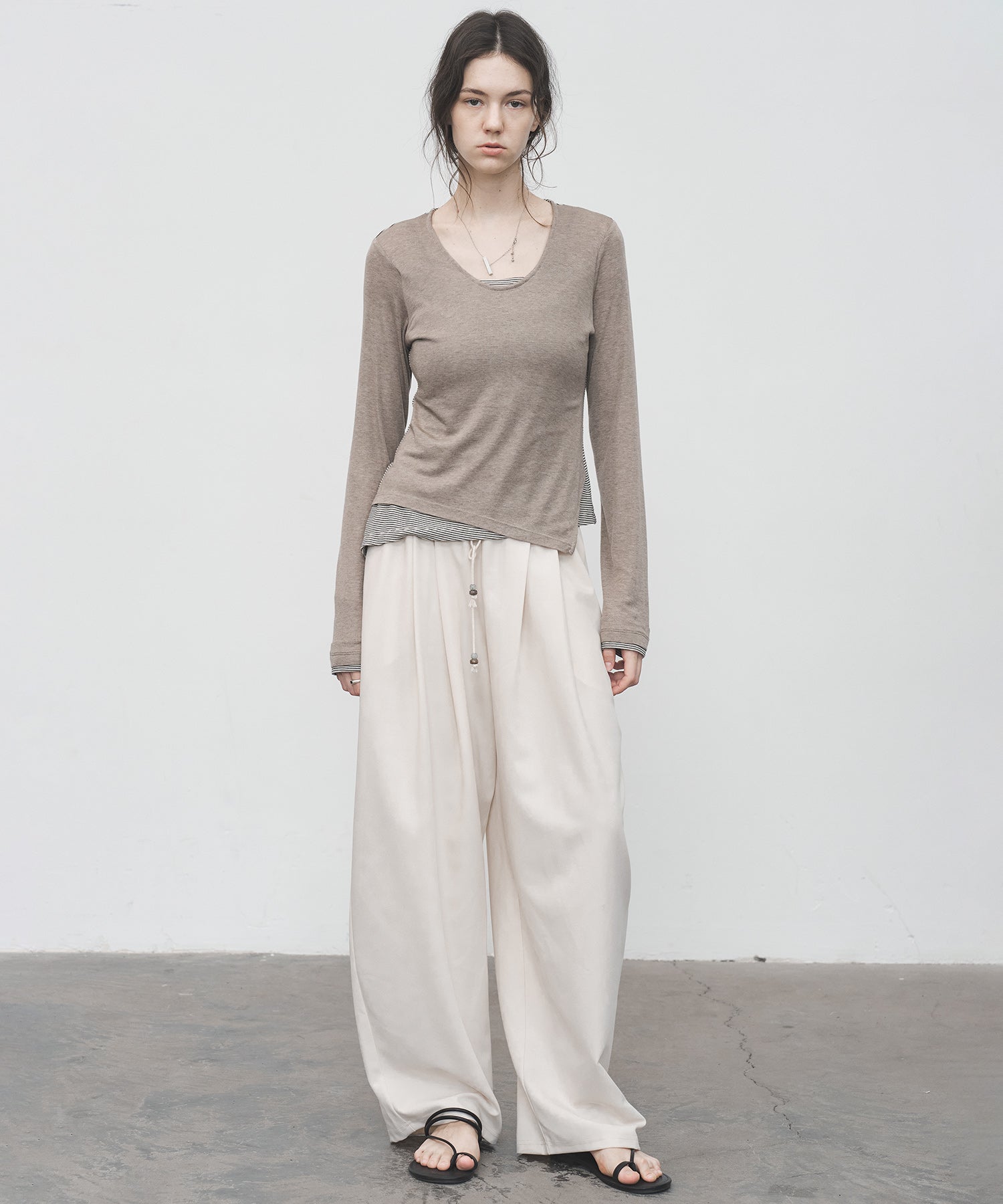 Layered Style U-Neck Stripe Top – Wool Blend