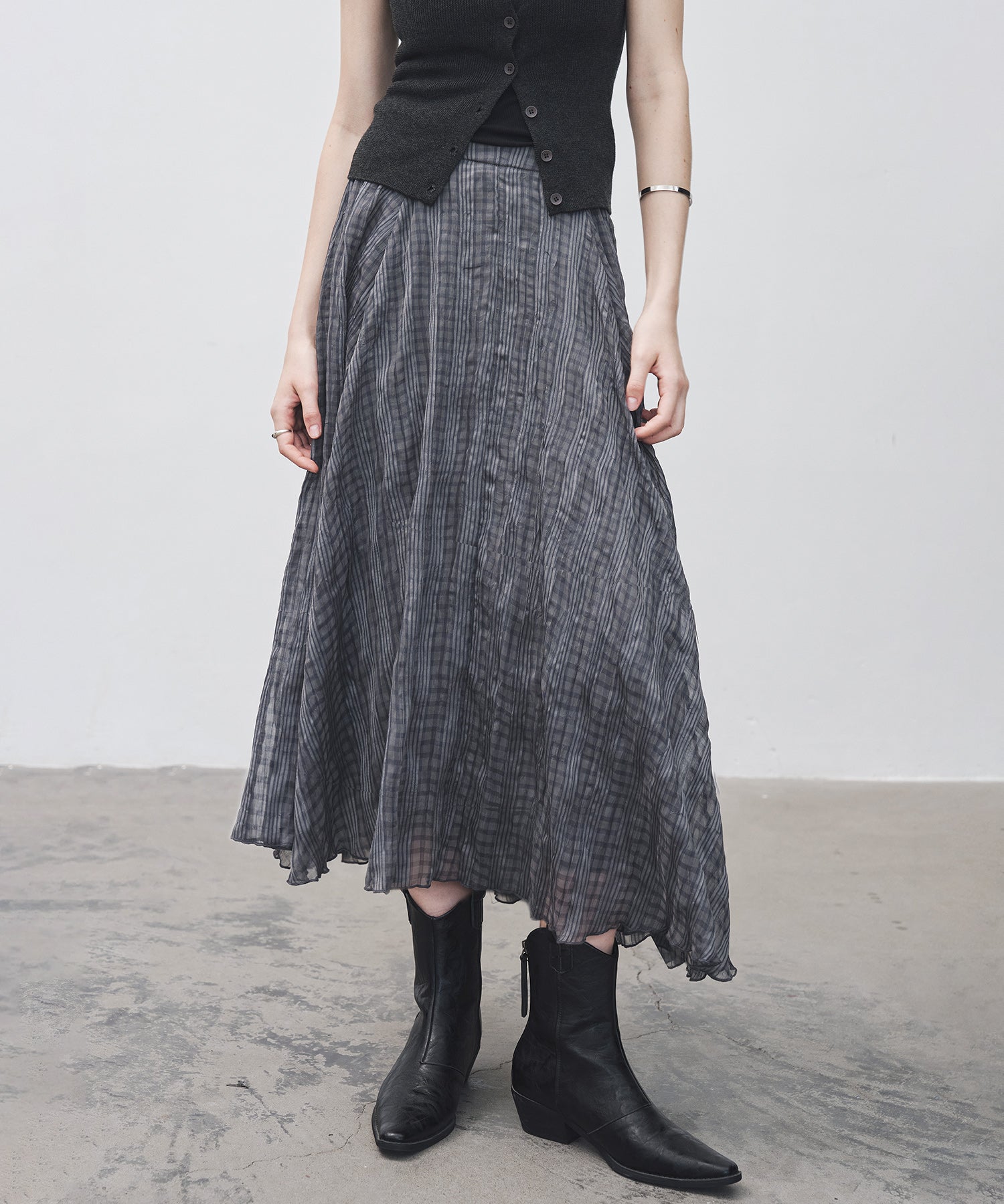 Asymmetric Hem Crinkled Check Midi Skirt – A-Line Silhouette