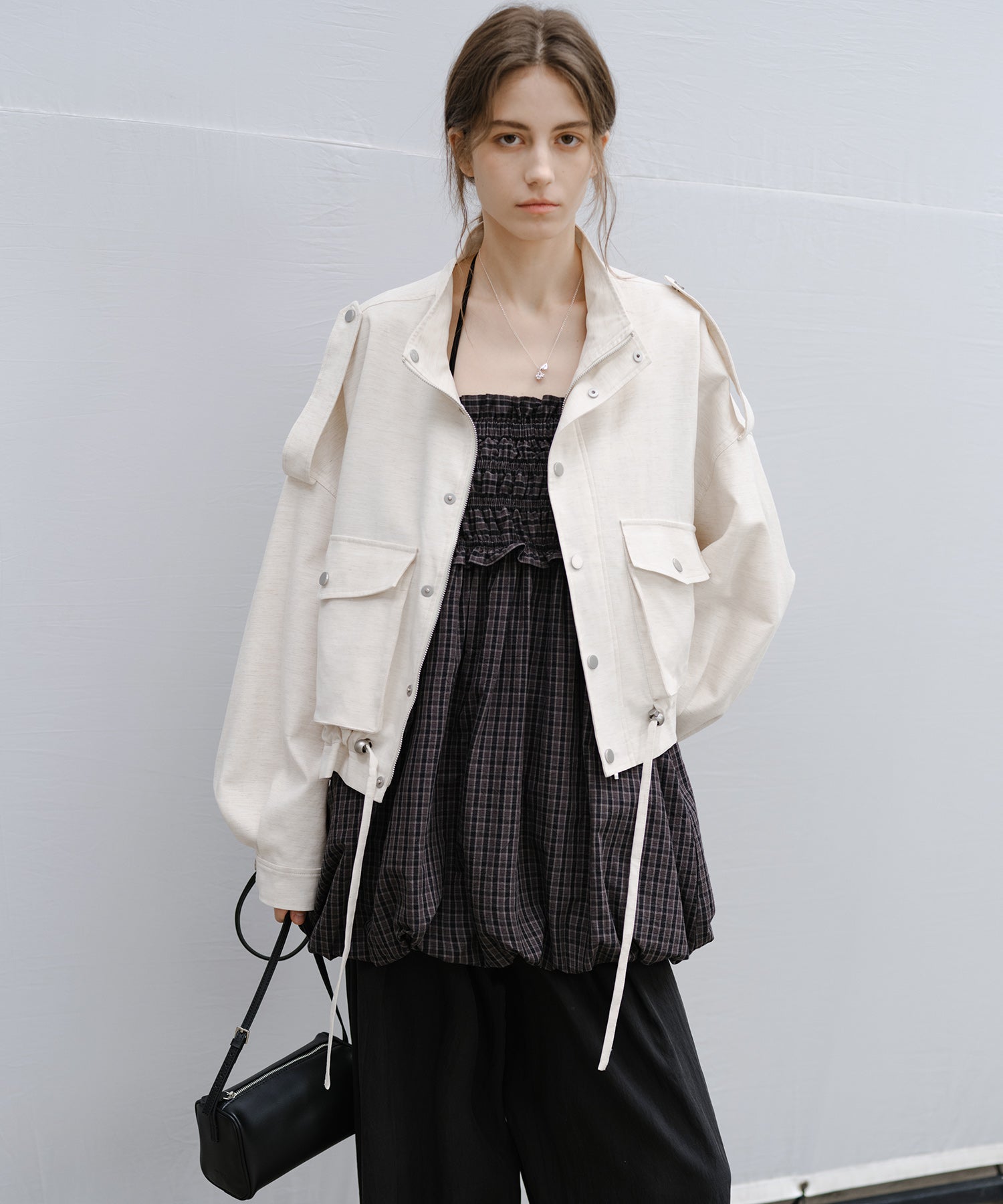 "Shipping late February to early March" Stand Collar Check Drawstring Jacket