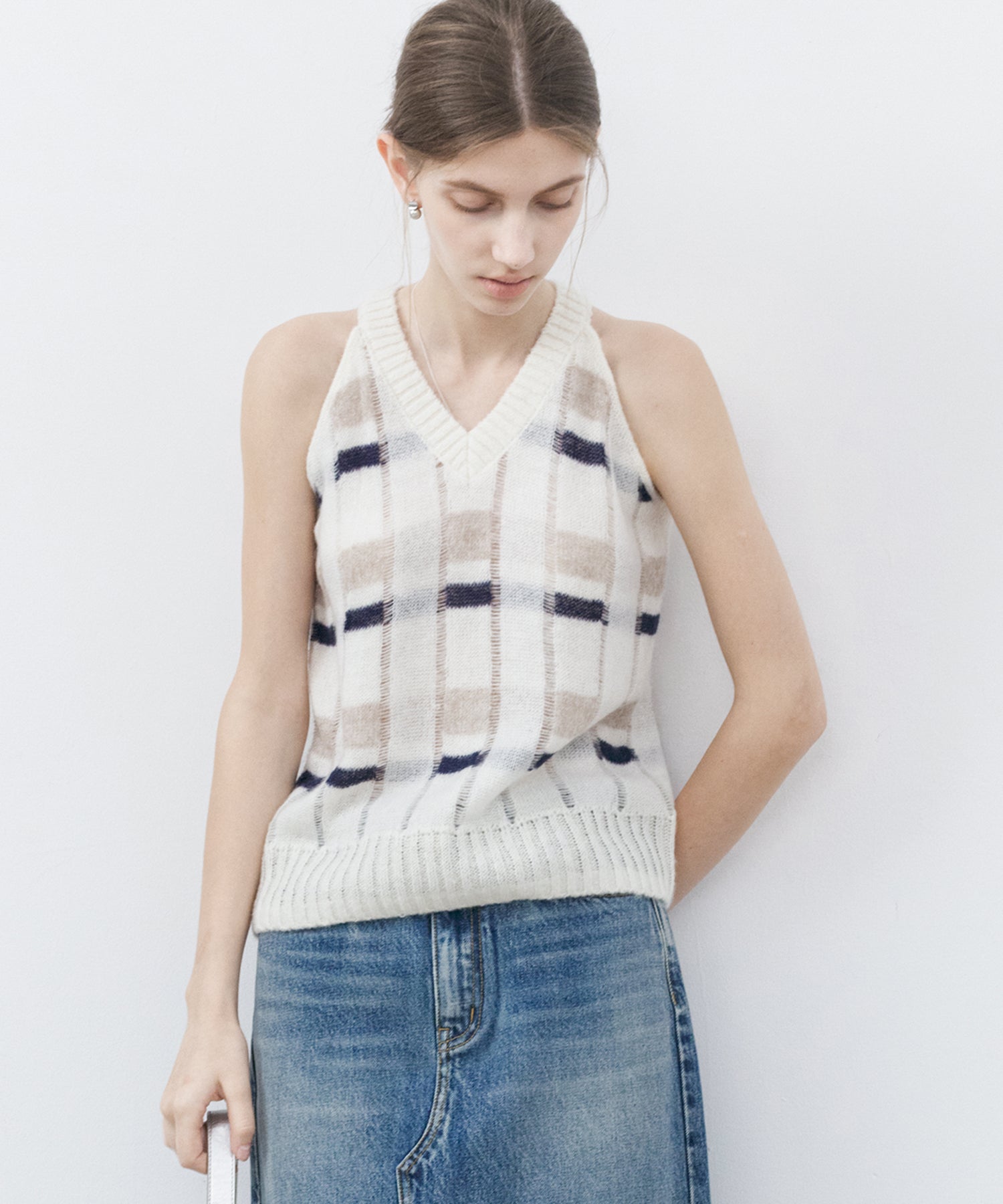 Check Jacquard V-Neck Knit Vest