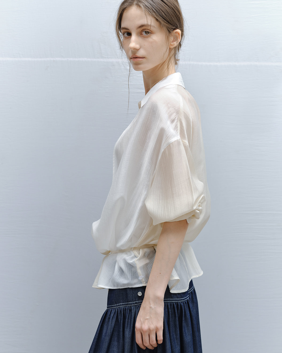 Bi-color Asymmetric Neck Sheer Shirt