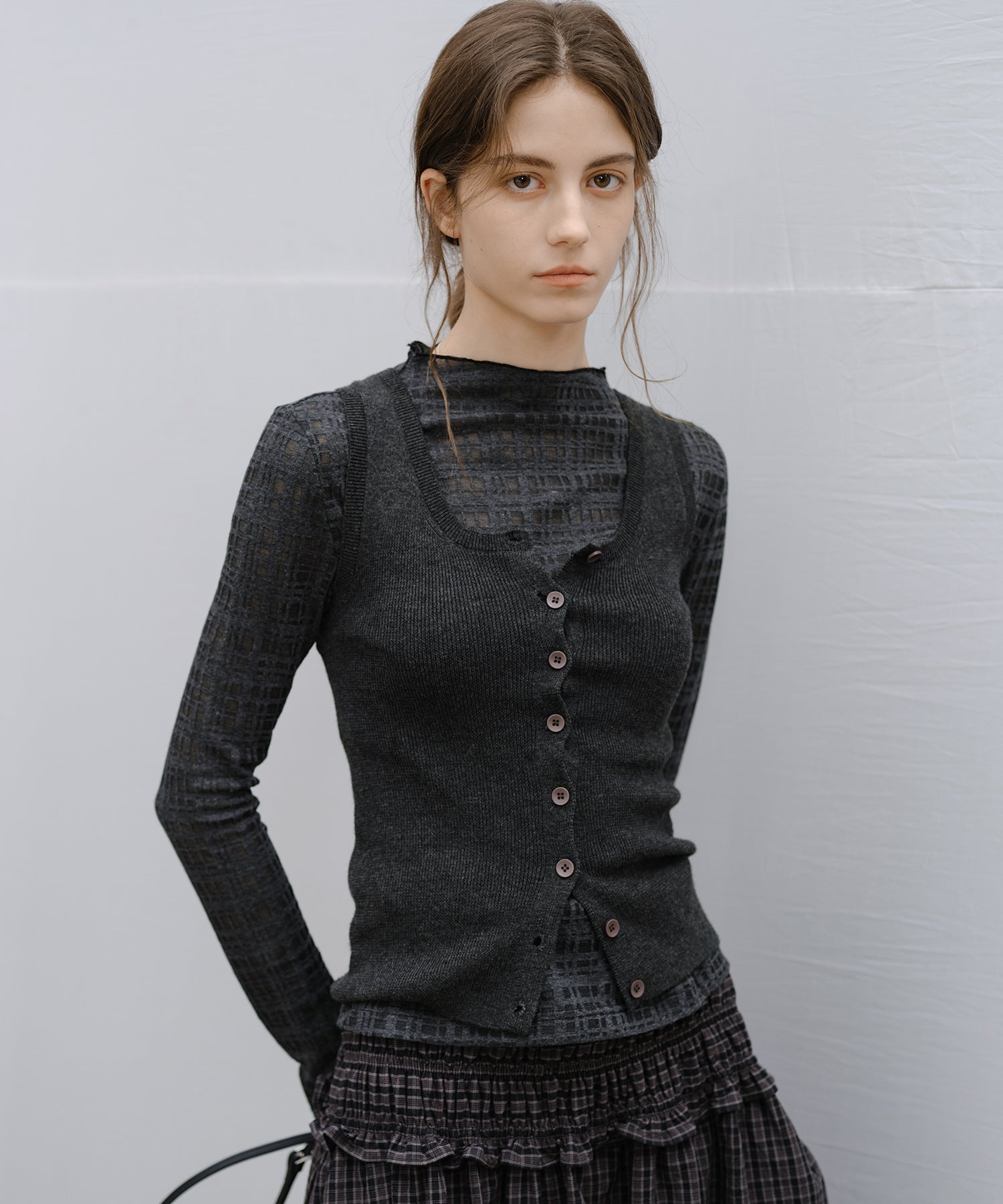 "Shipping from early to mid-March" Check Pattern Sheer Mesh Long Sleeve Top