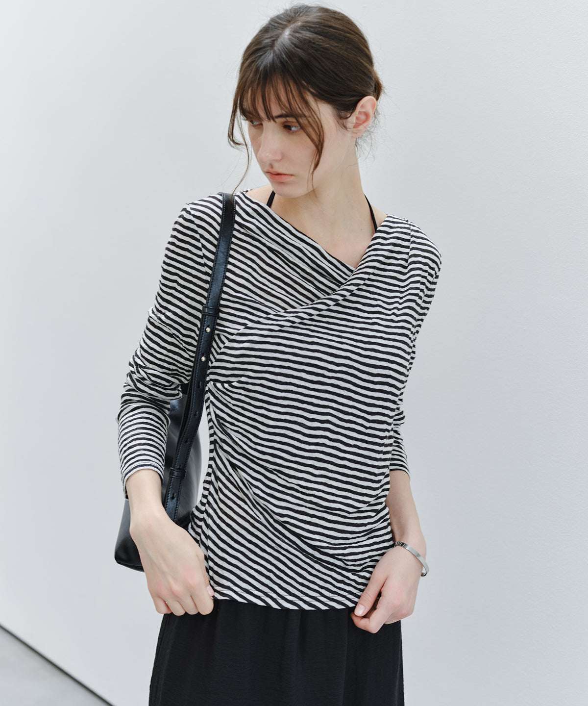 「9月下旬出荷予定」Cross Drape Neck Striped Long Sleeve Top