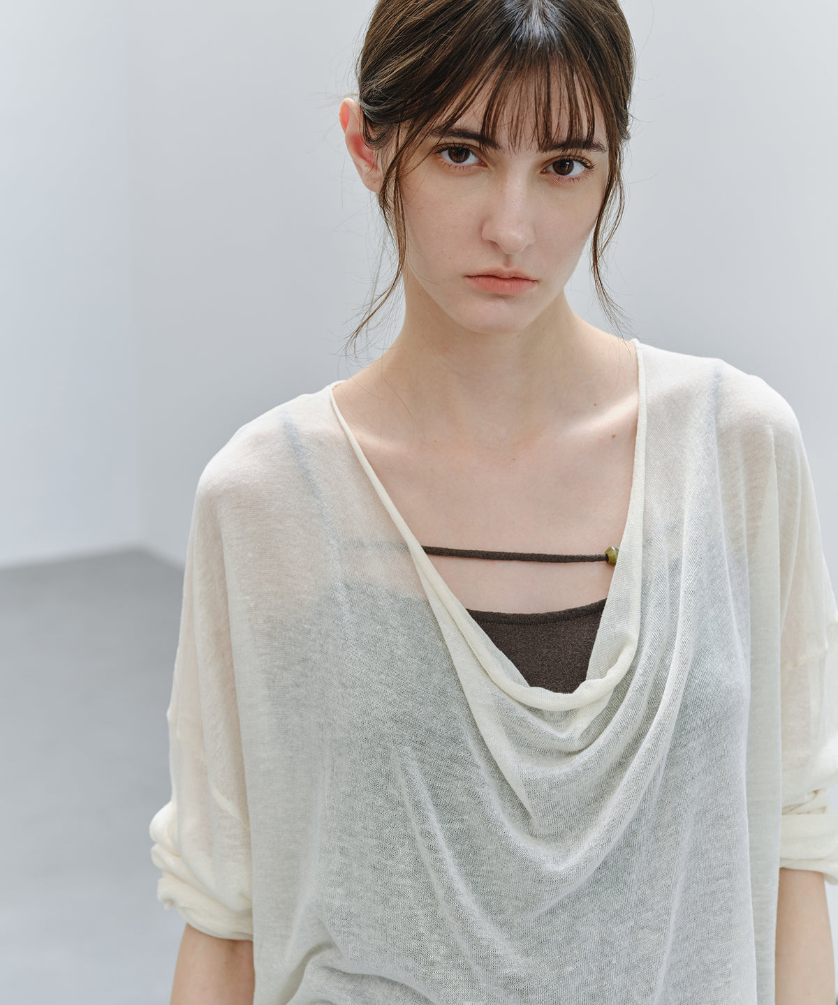 「9月下旬出荷予定」Drape Neck Sheer Loose Knit Top