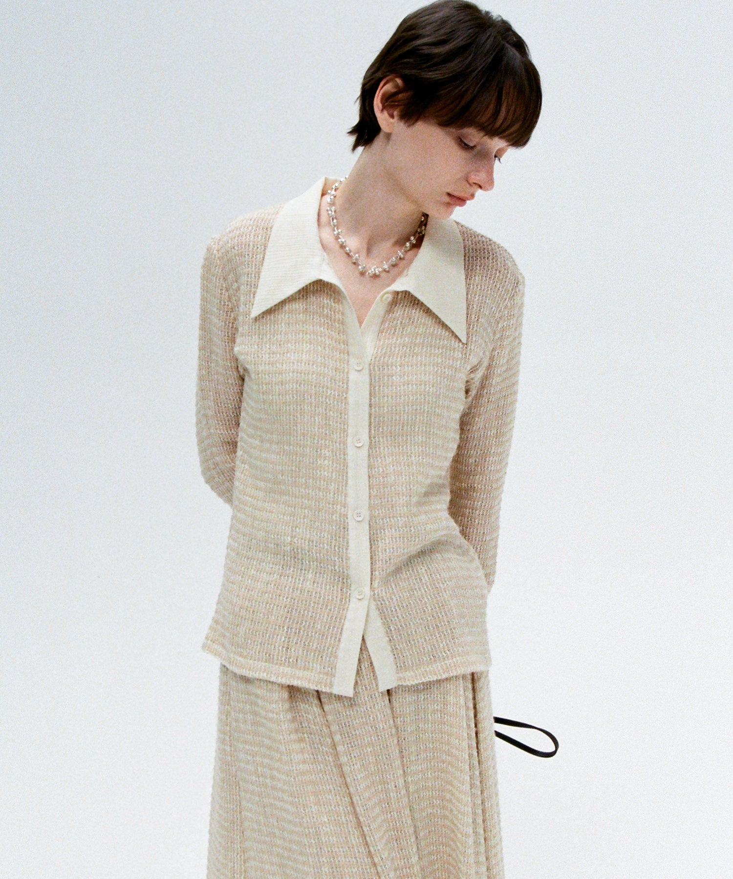 Two-Tone Openwork Knit Shirt Blouse