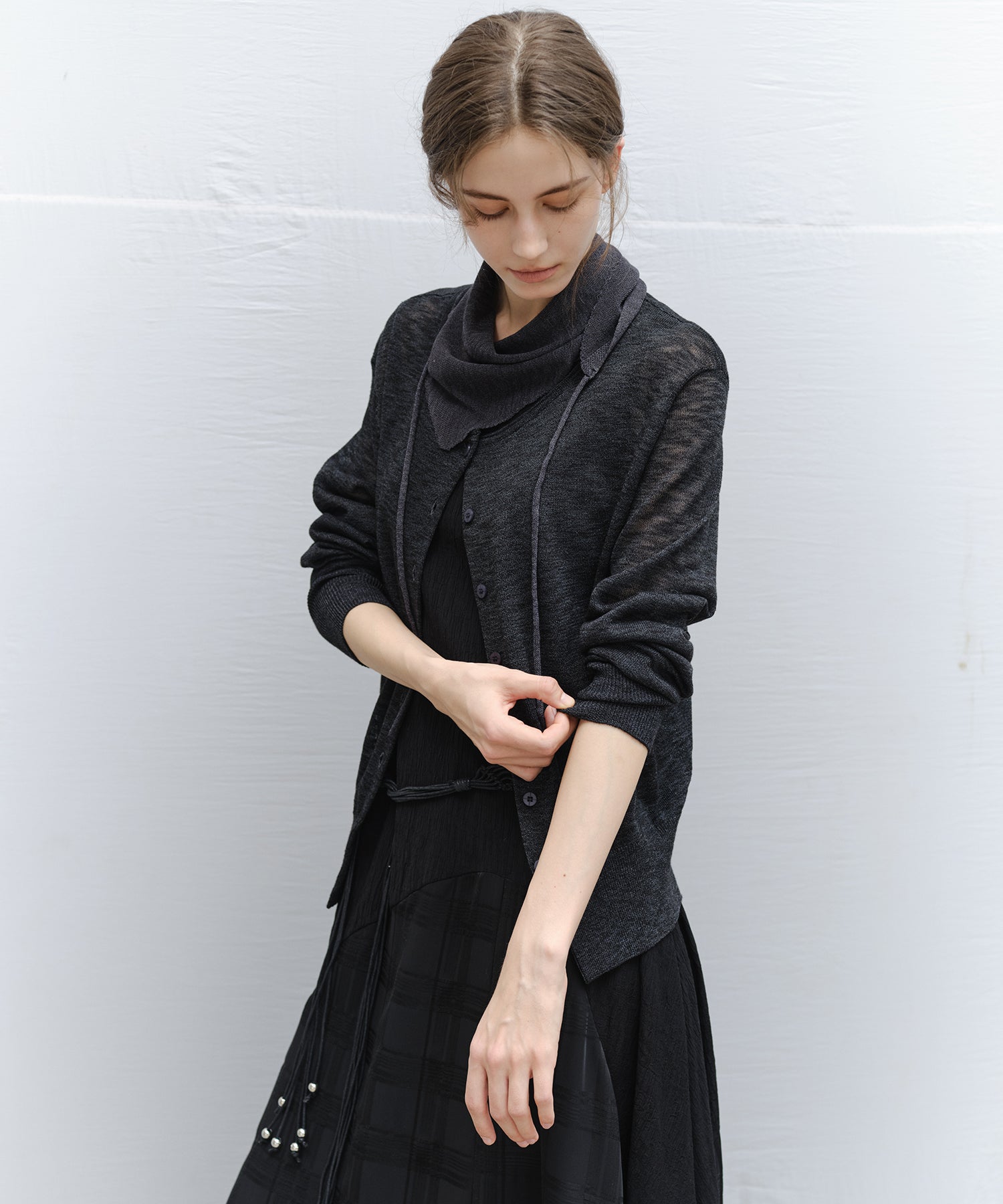 "Ships early March" Sheer Slub Yarn Crewneck Cardigan Set (with Scarf)