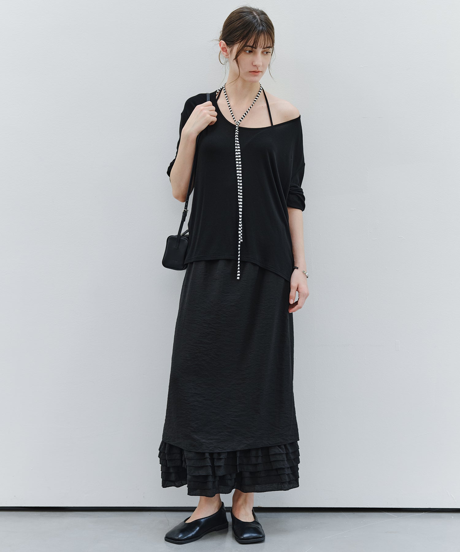 「9月下旬出荷予定」Striped Cord U-Neck Draped Top
