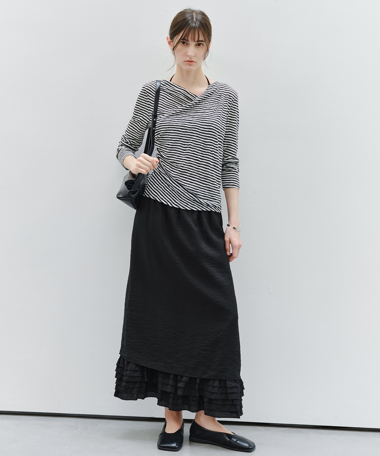 「9月下旬出荷予定」Cross Drape Neck Striped Long Sleeve Top
