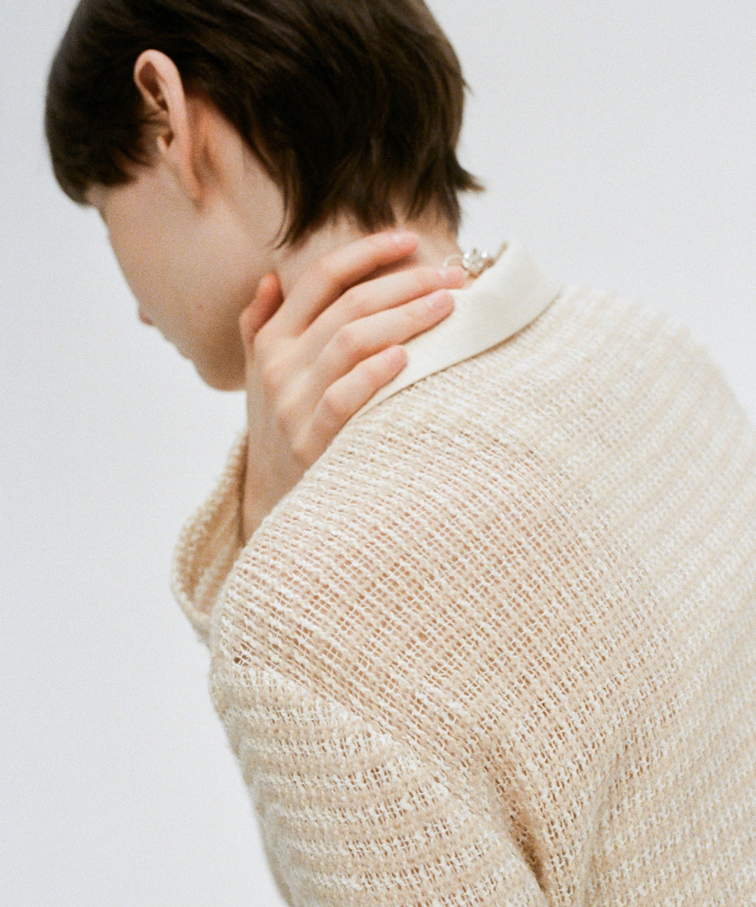 Two-Tone Openwork Knit Shirt Blouse