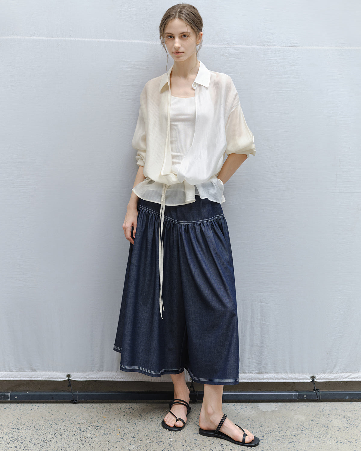Bi-color Asymmetric Neck Sheer Shirt