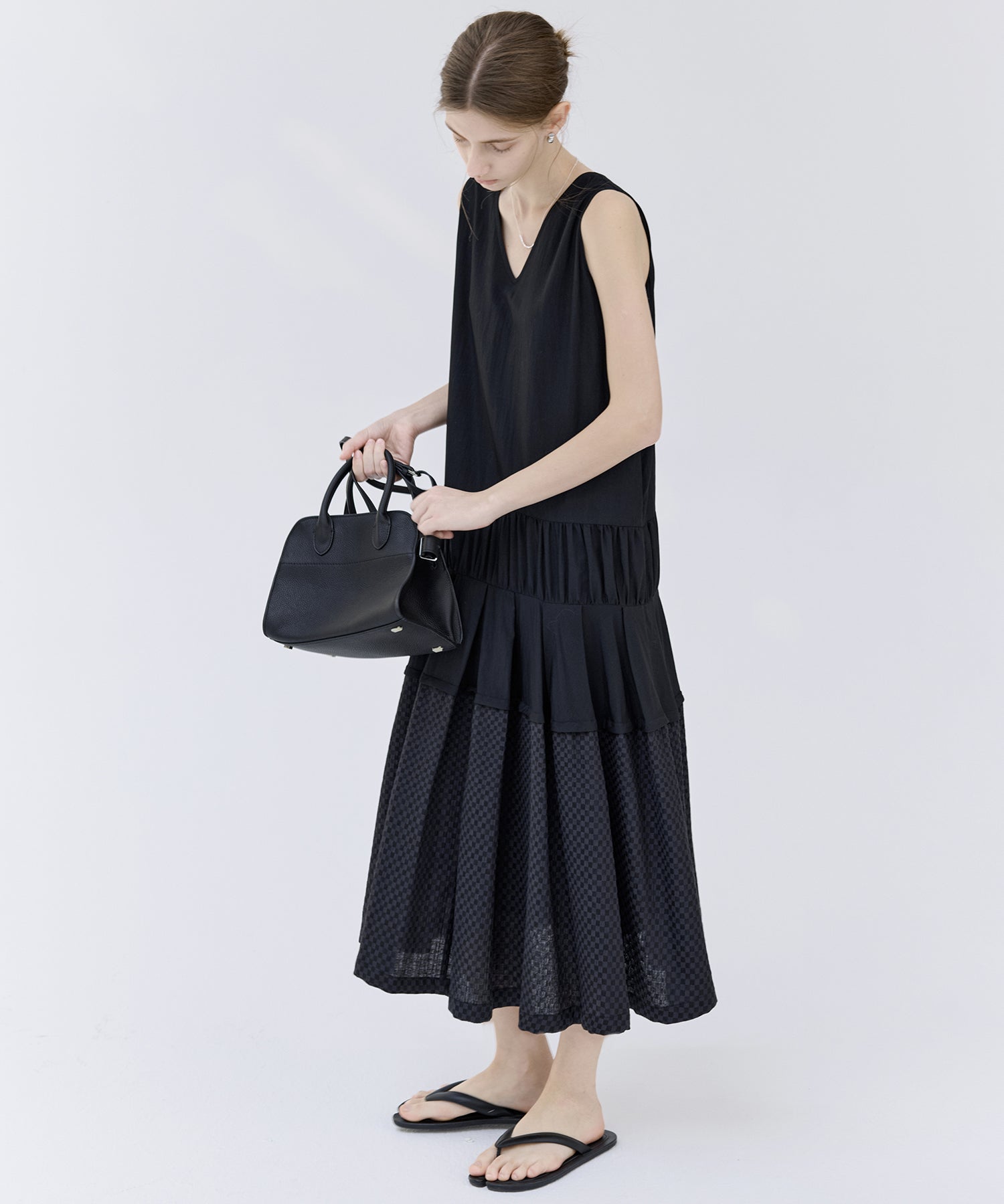 Mixed-Material Gathered V-Neck Flare Dress