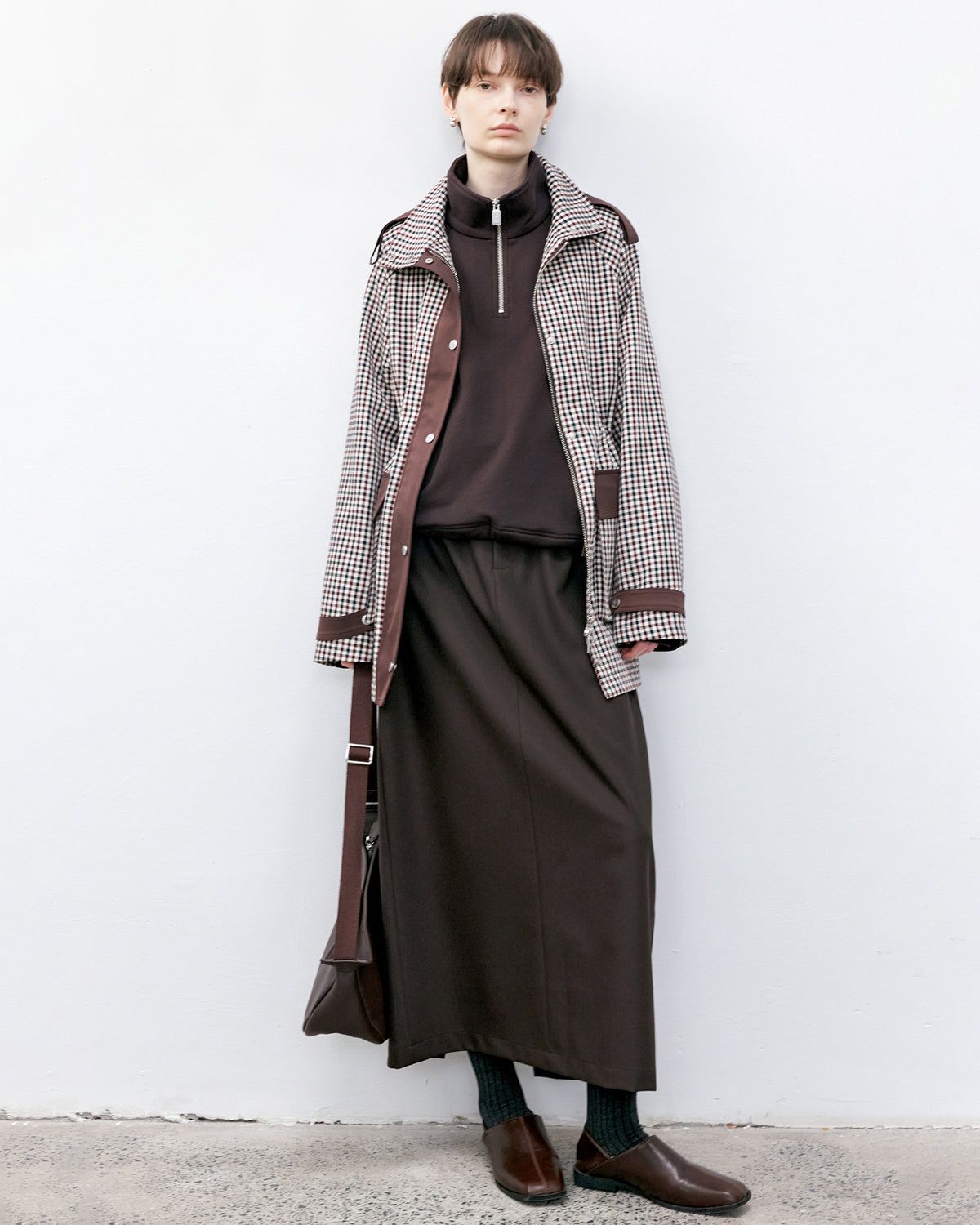 Contrast Panel Checkered Mid-Length Jacket