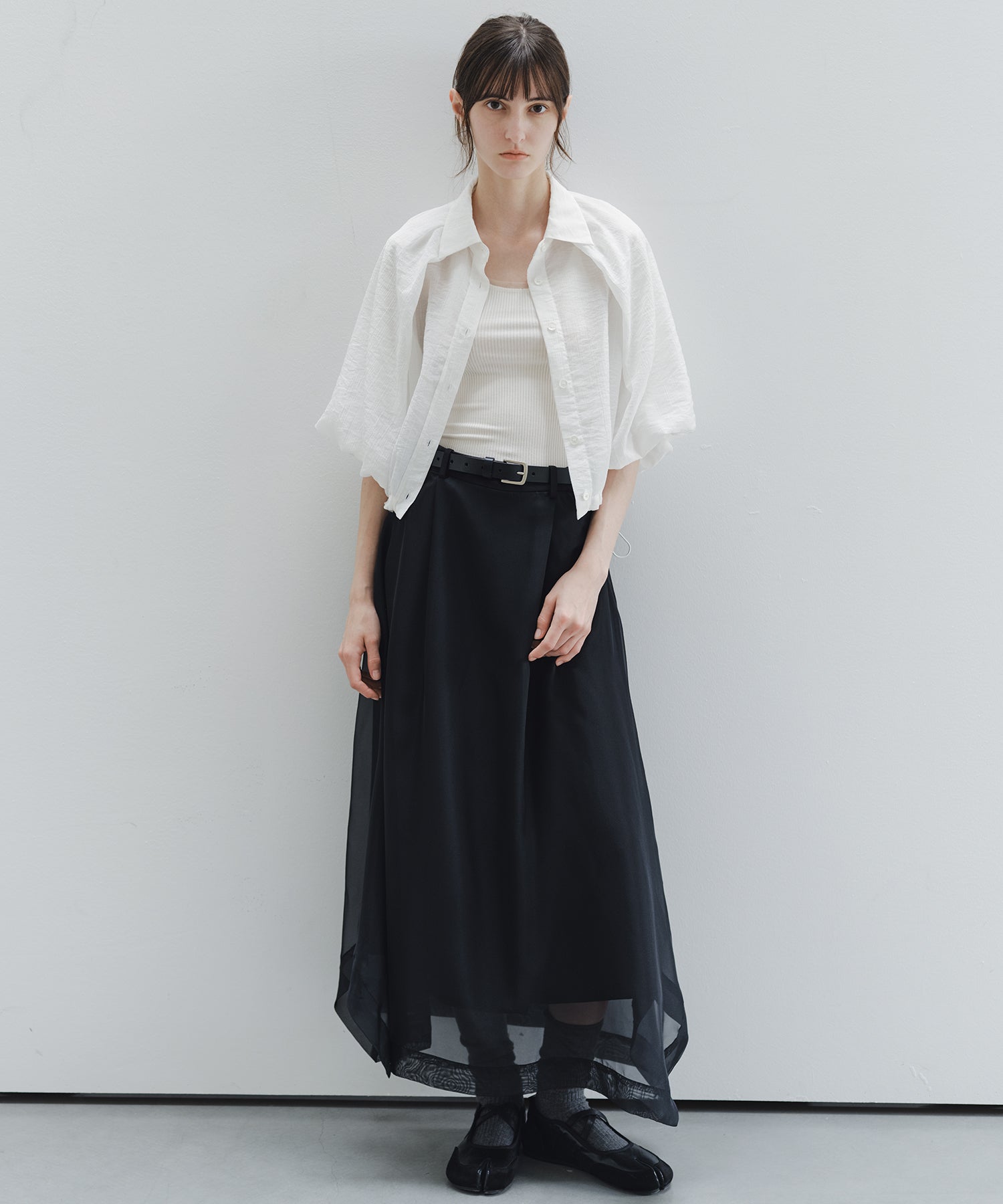 「7月上旬~中旬出荷」Sheer Stripe Balloon Sleeve Cropped Shirt