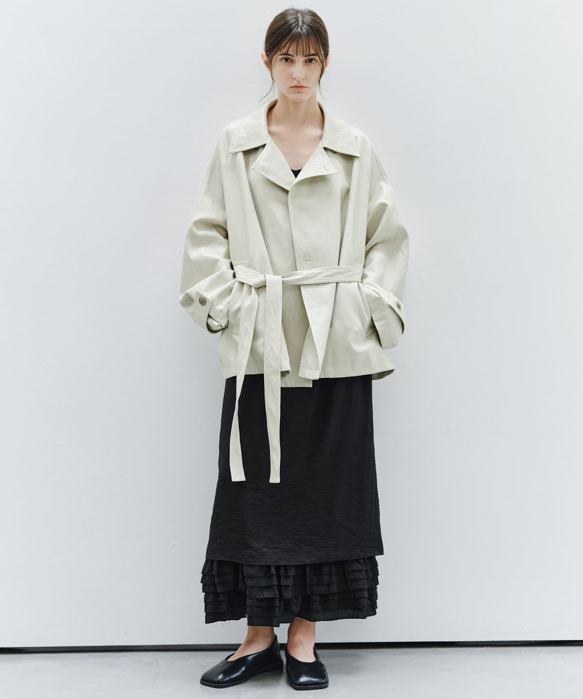「9月下旬出荷予定」Belted Faux Leather Short Trench Jacket