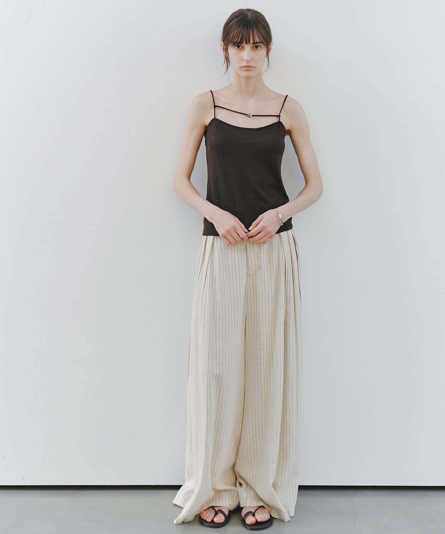 「7月中旬~下旬出荷」Linen Blend Striped Pleated Wide Pants