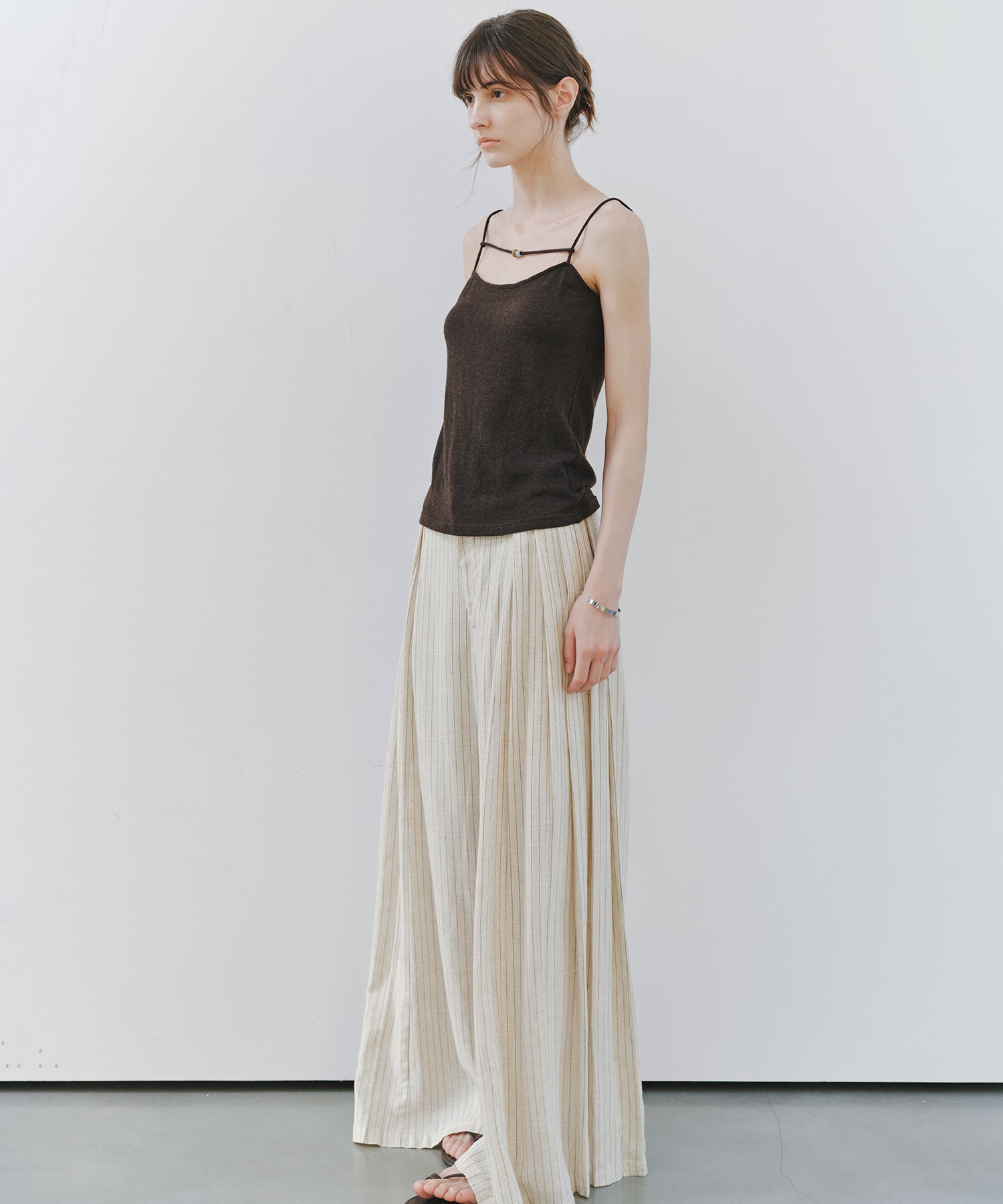 「7月中旬~下旬出荷」Linen Blend Striped Pleated Wide Pants