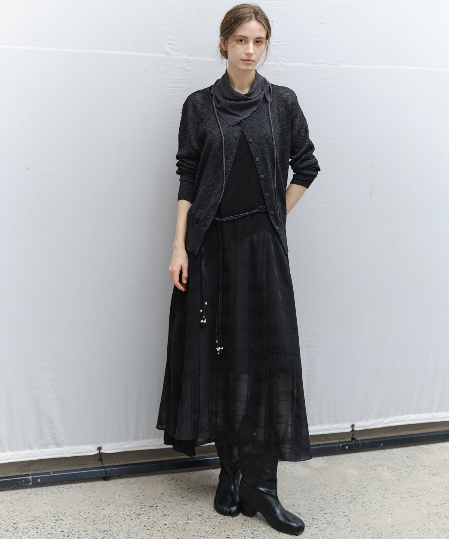 「3月上旬出荷」Sheer Slub Yarn Crewneck Cardigan Set (with Scarf)