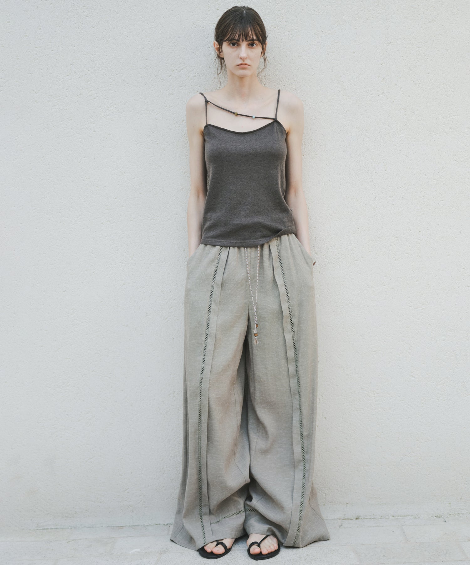 「8月中旬~下旬出荷」Front Lace Linen Blend Wide Pants