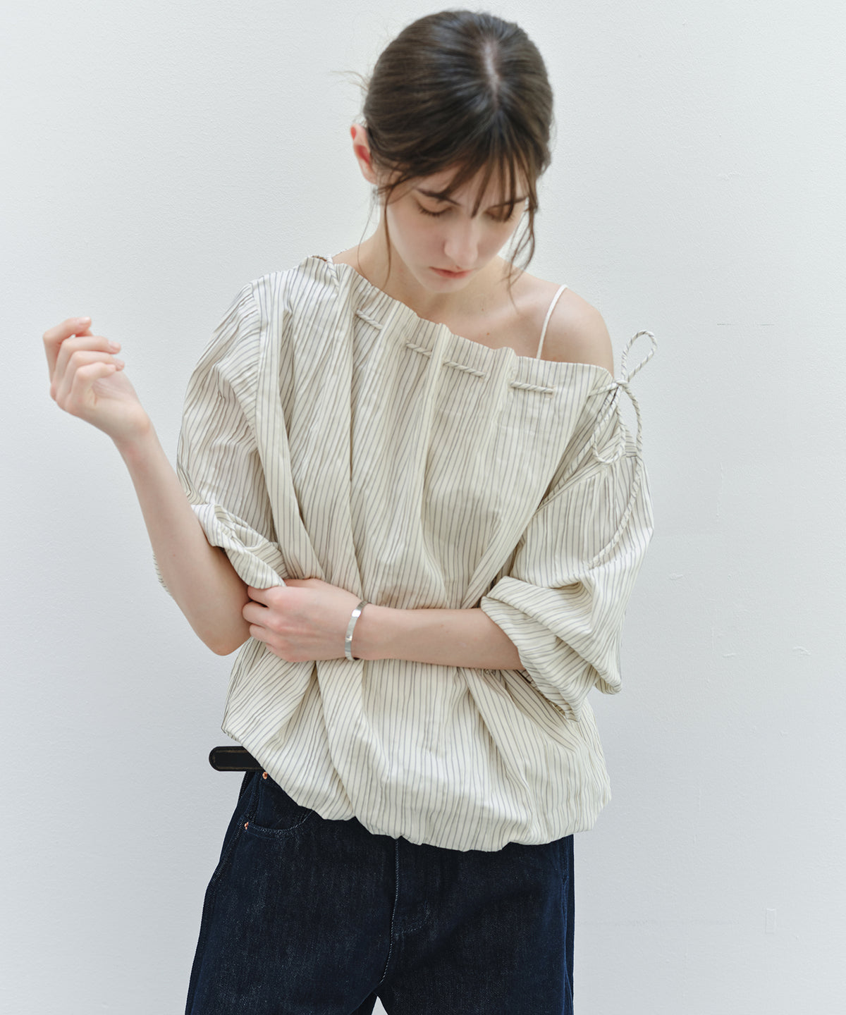 Asymmetric Off-Shoulder Drawstring Stripe Blouse