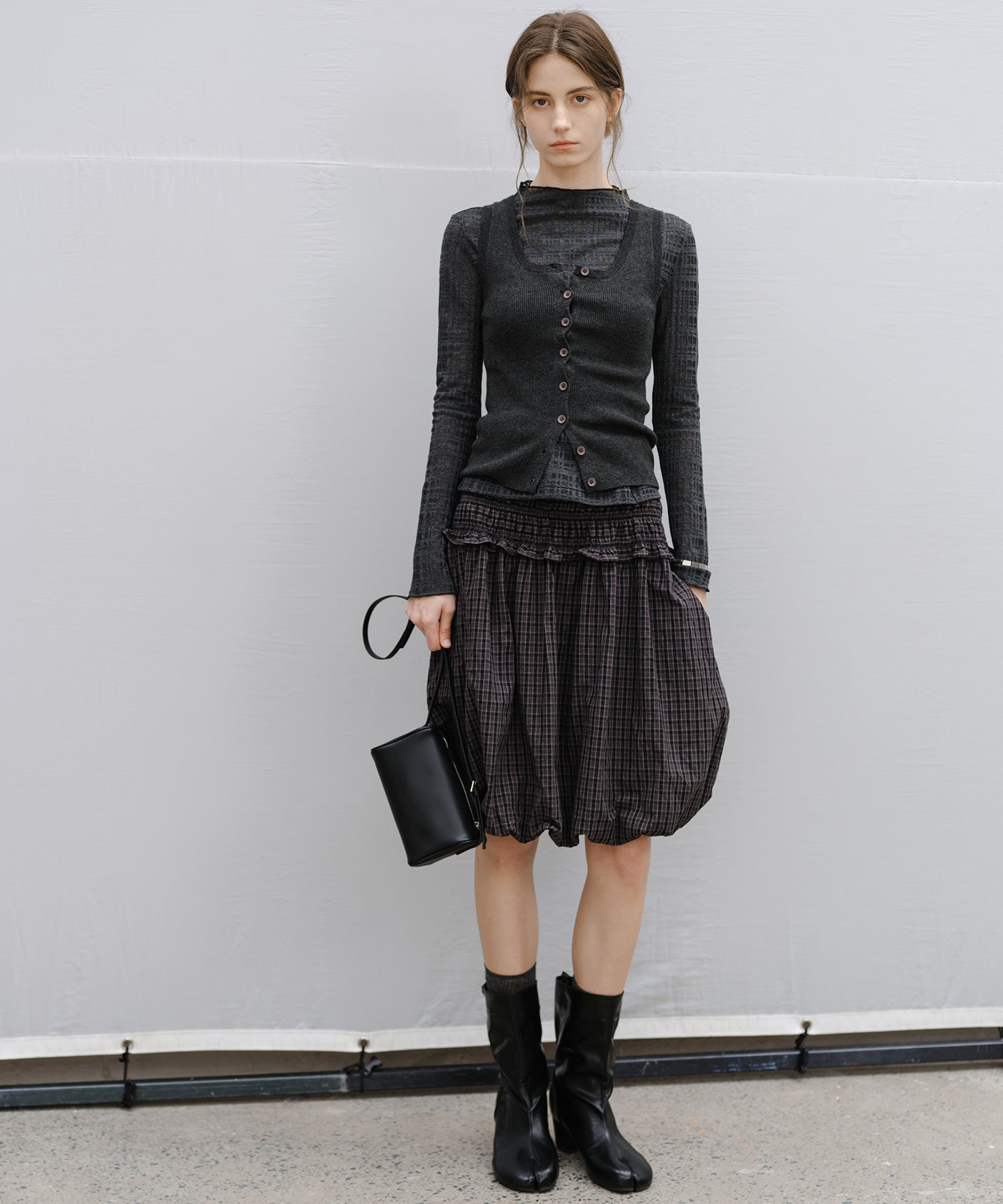 "Shipping from early to mid-March" Check Pattern Sheer Mesh Long Sleeve Top