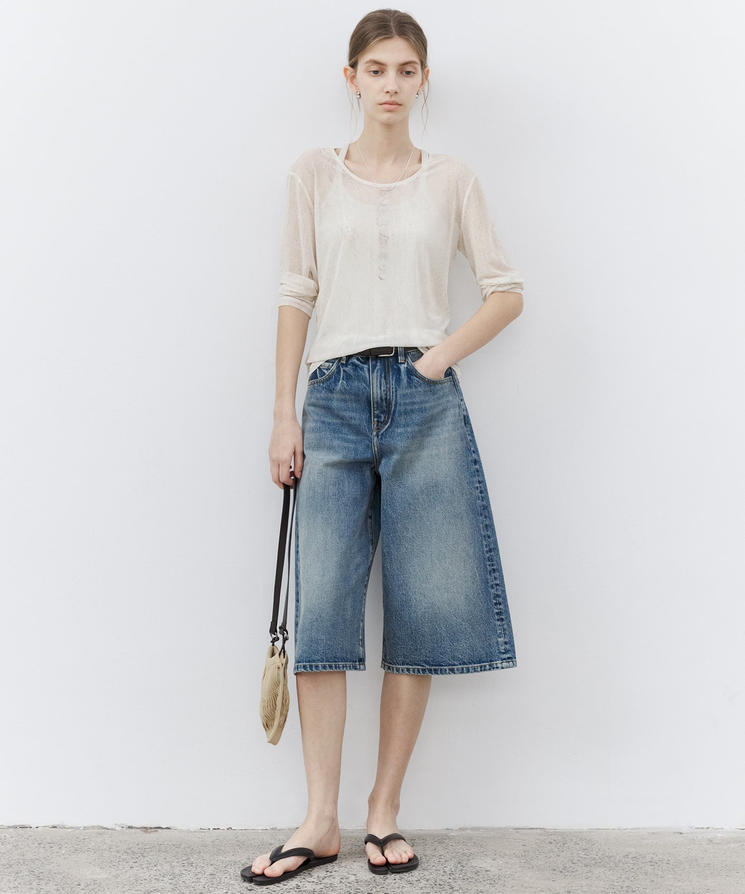 Washed Wide-Leg Denim Shorts