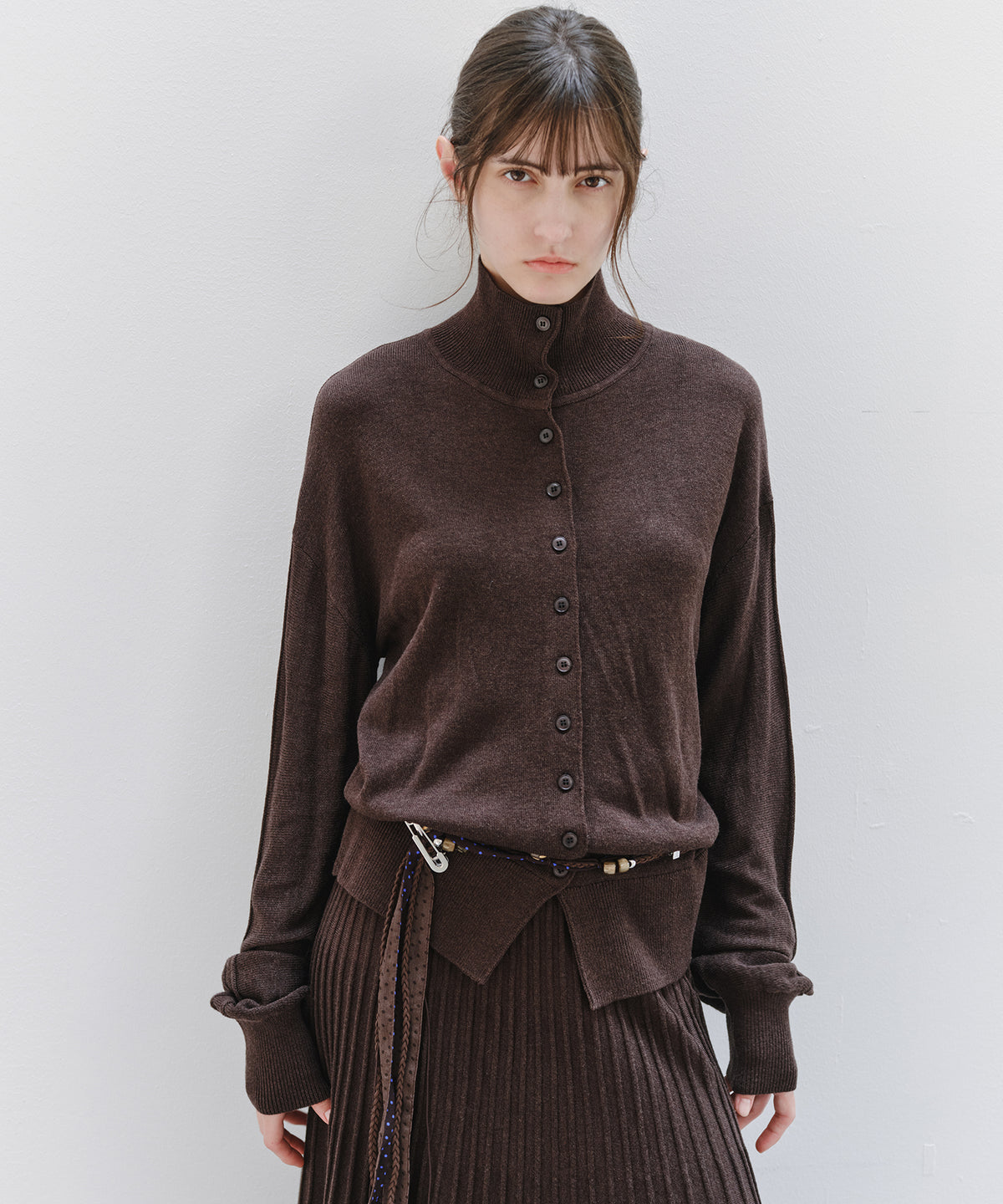 「10月下旬出荷予定」Wool Silk High Neck Button Knit Cardigan