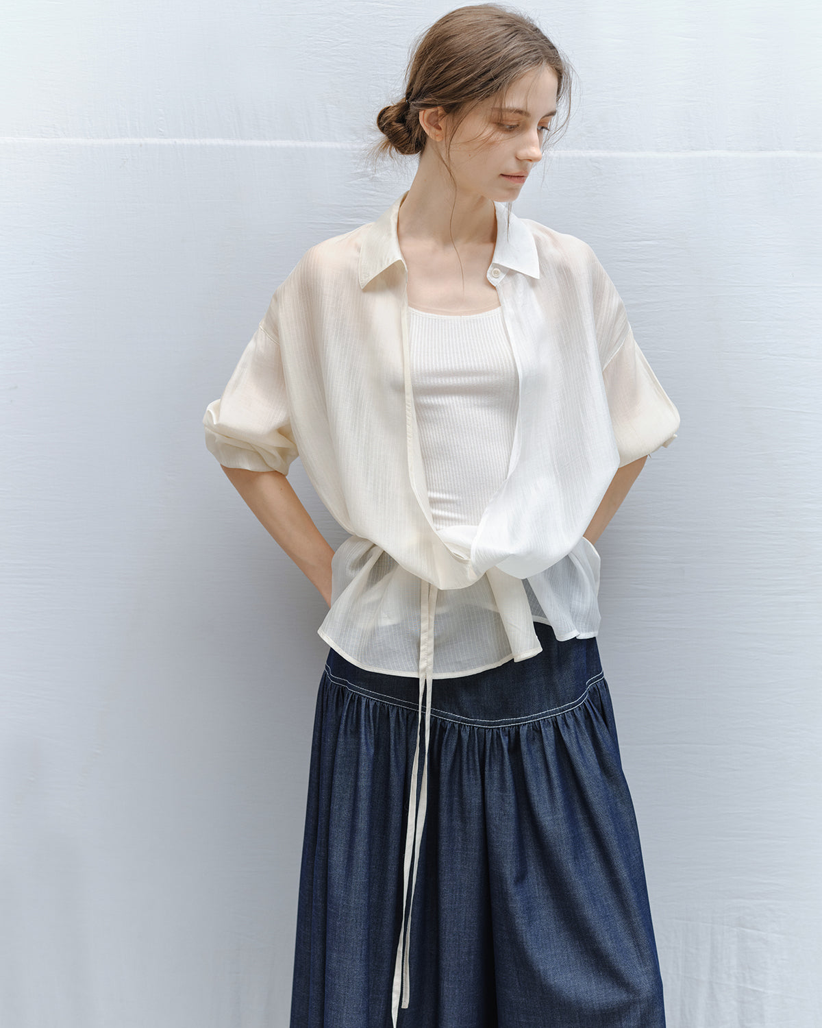 Bi-color Asymmetric Neck Sheer Shirt