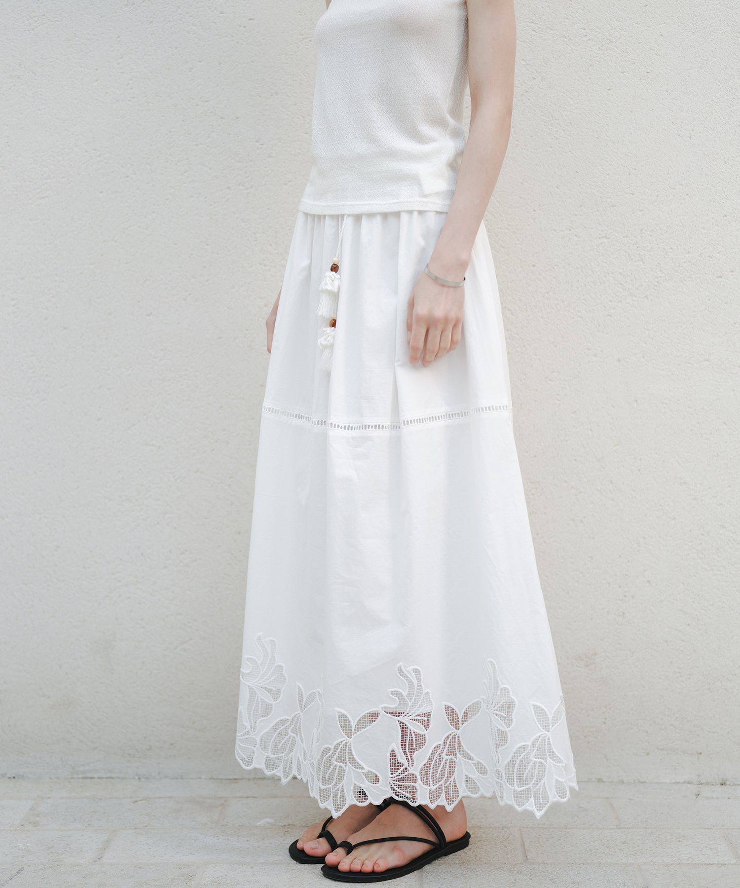 「8月中旬~下旬出荷」Cutwork Embroidery Drawstring Long Skirt