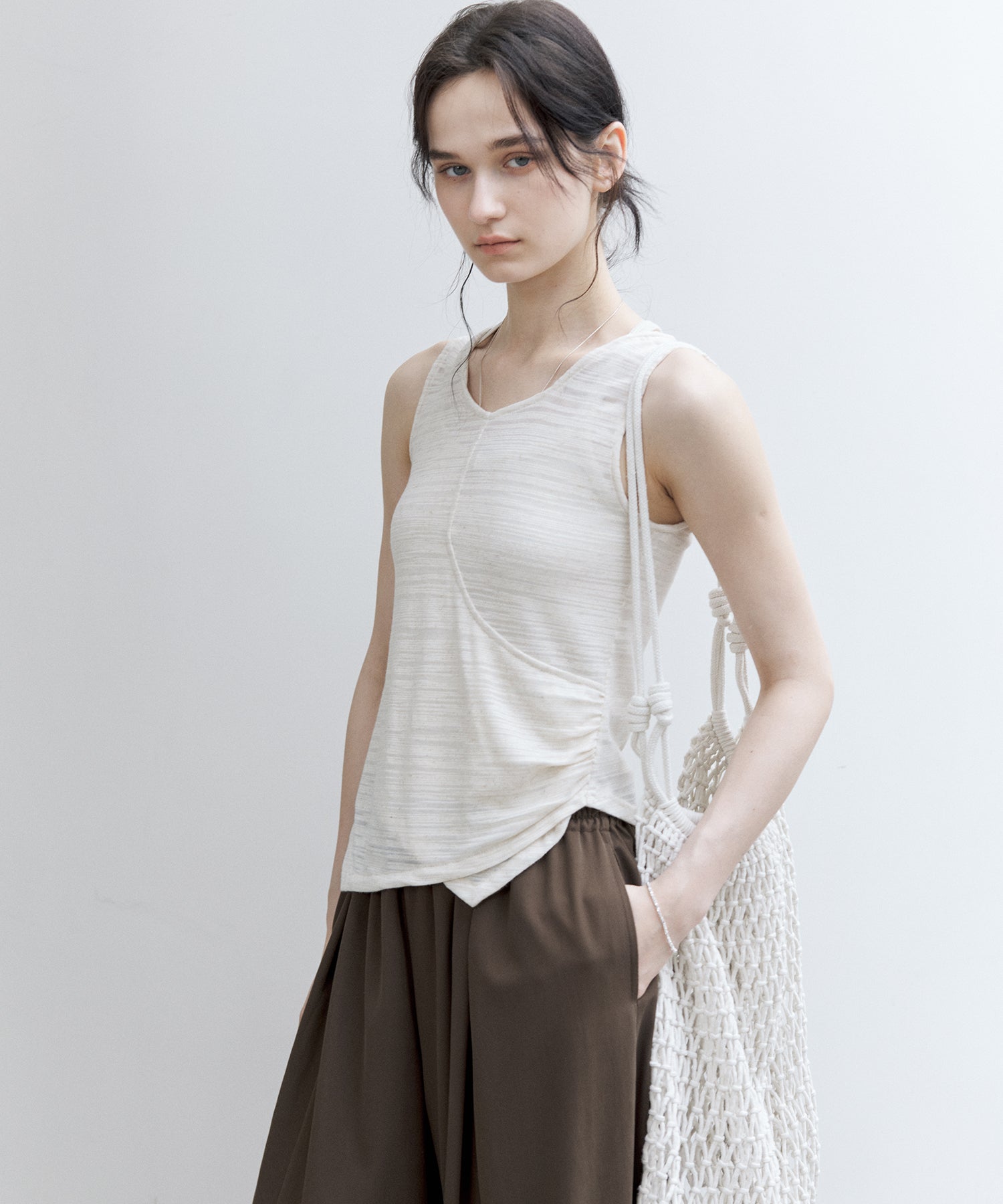 Asymmetric Gather Linen Blend Tank Top
