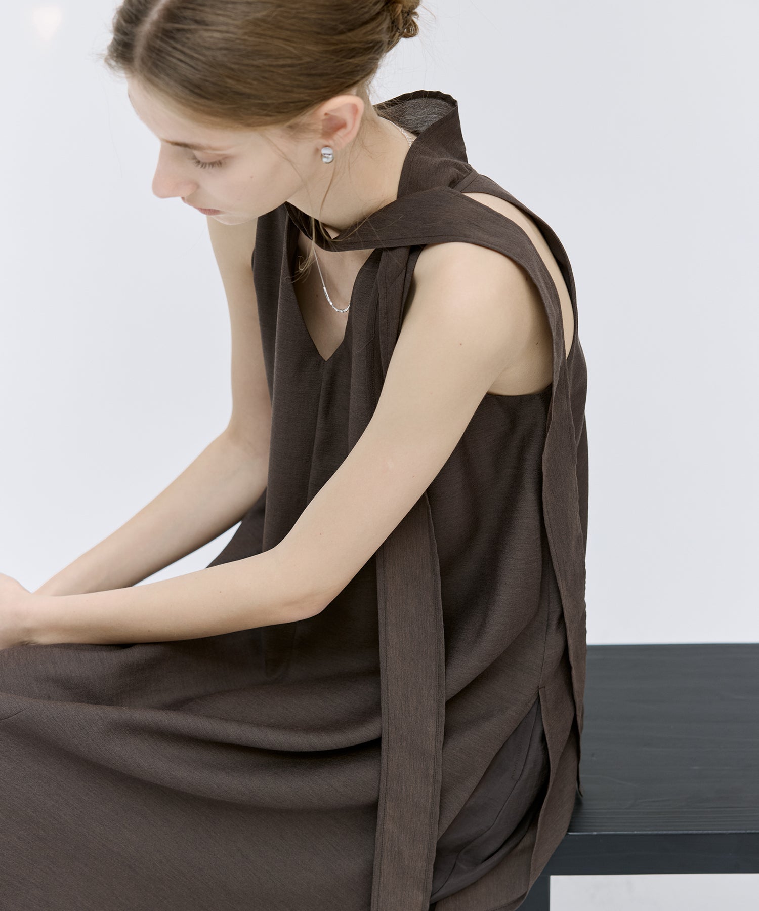 Acetate-Blend V-Neck Ribbon Detail Sleeveless Dress