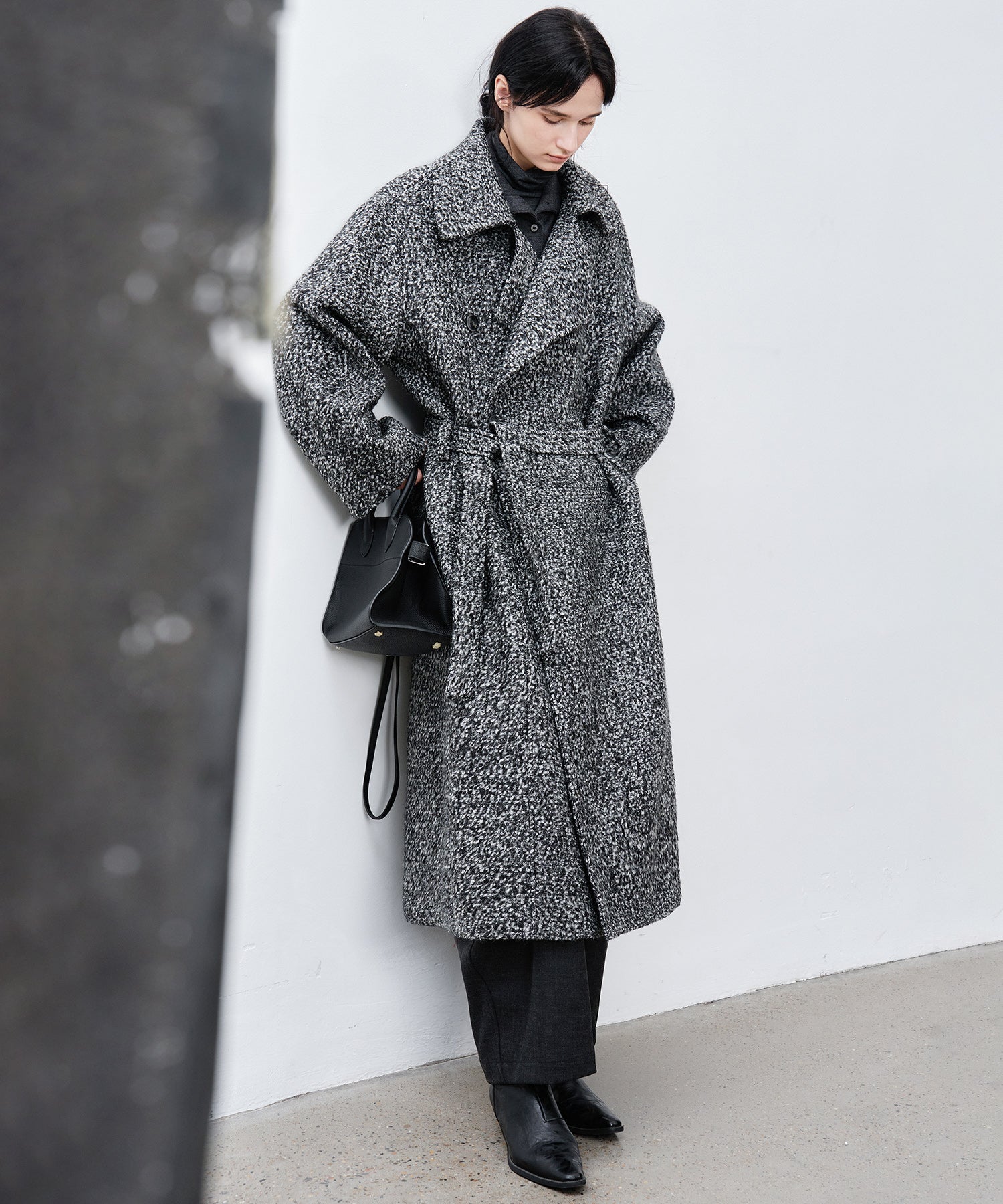 Mixed-Color Bouclé Wool Lapel Long Coat