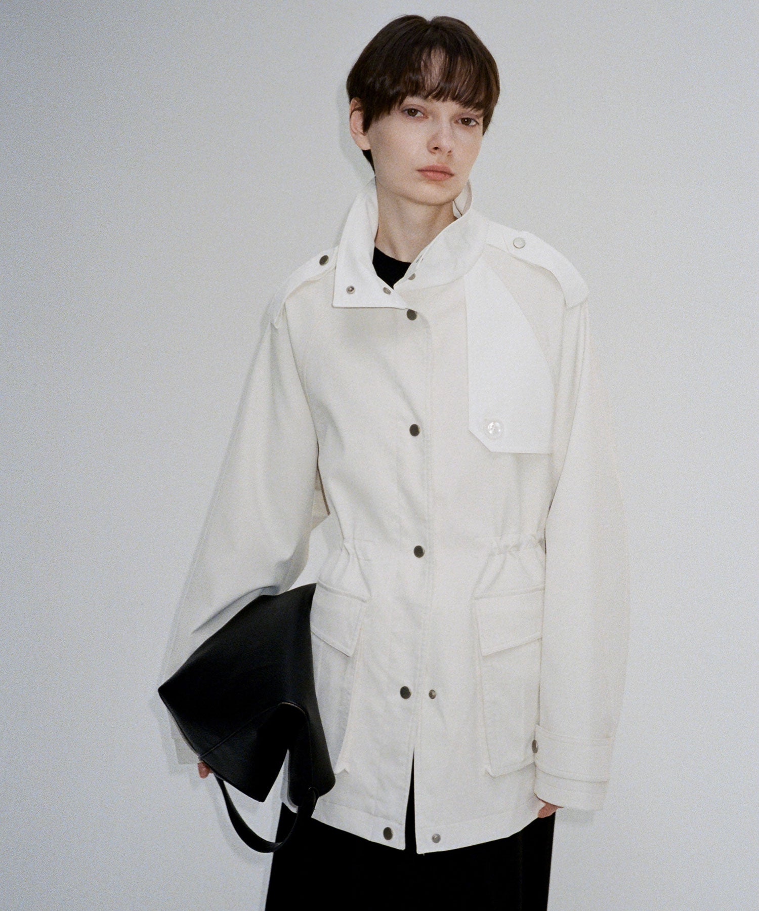 Minimalist White Stand Collar Military Jacket