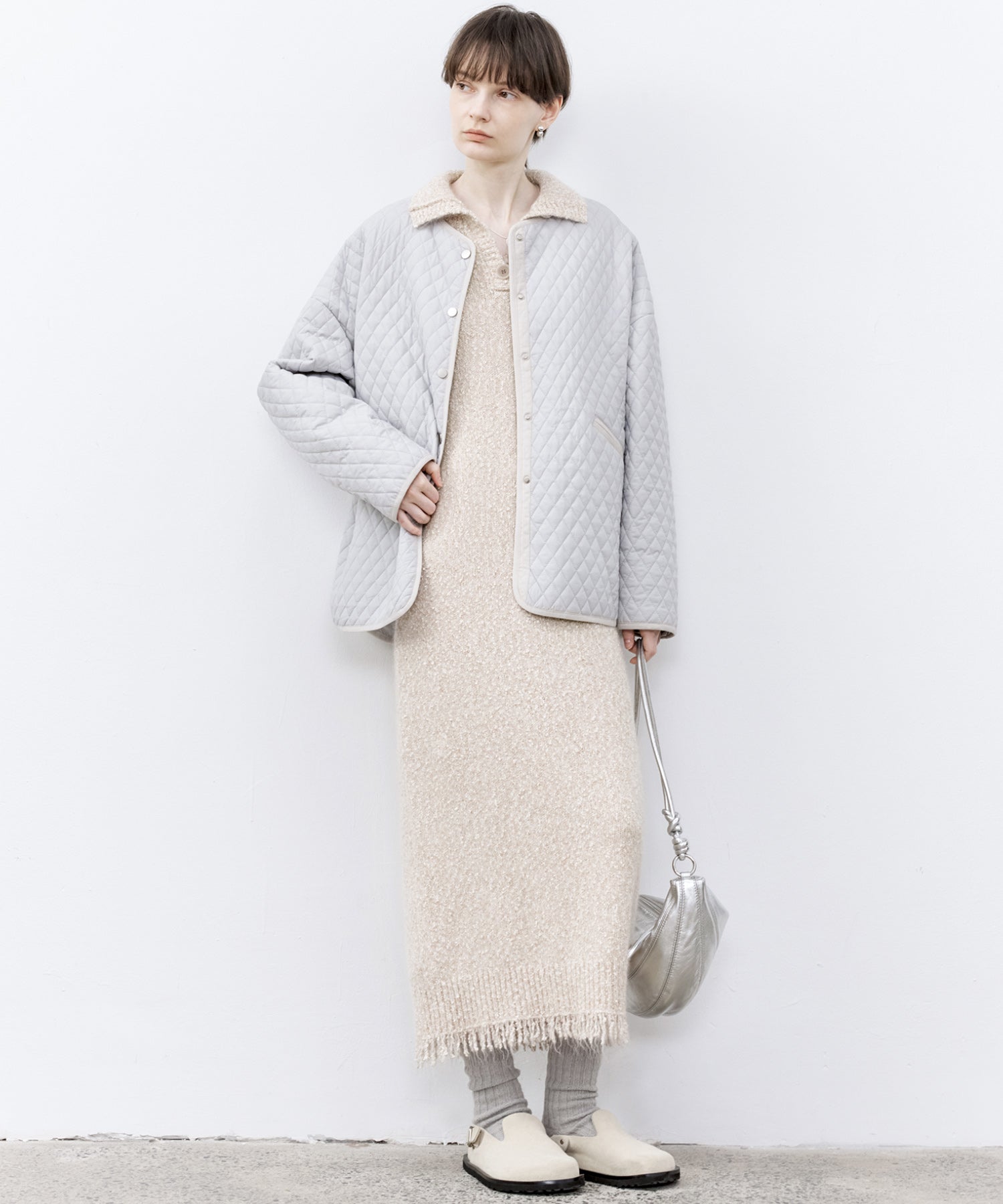 Tweed Like Knit Shirt Dress with Fringe Details