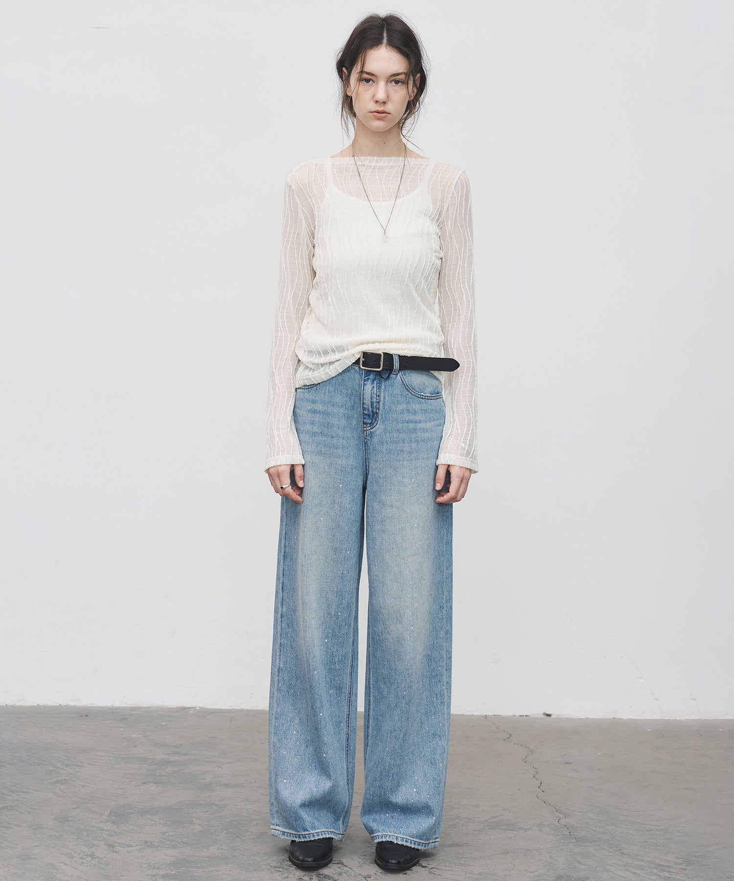 Jacquard Mesh Boat Neck Top – Sheer Long Sleeve Tee