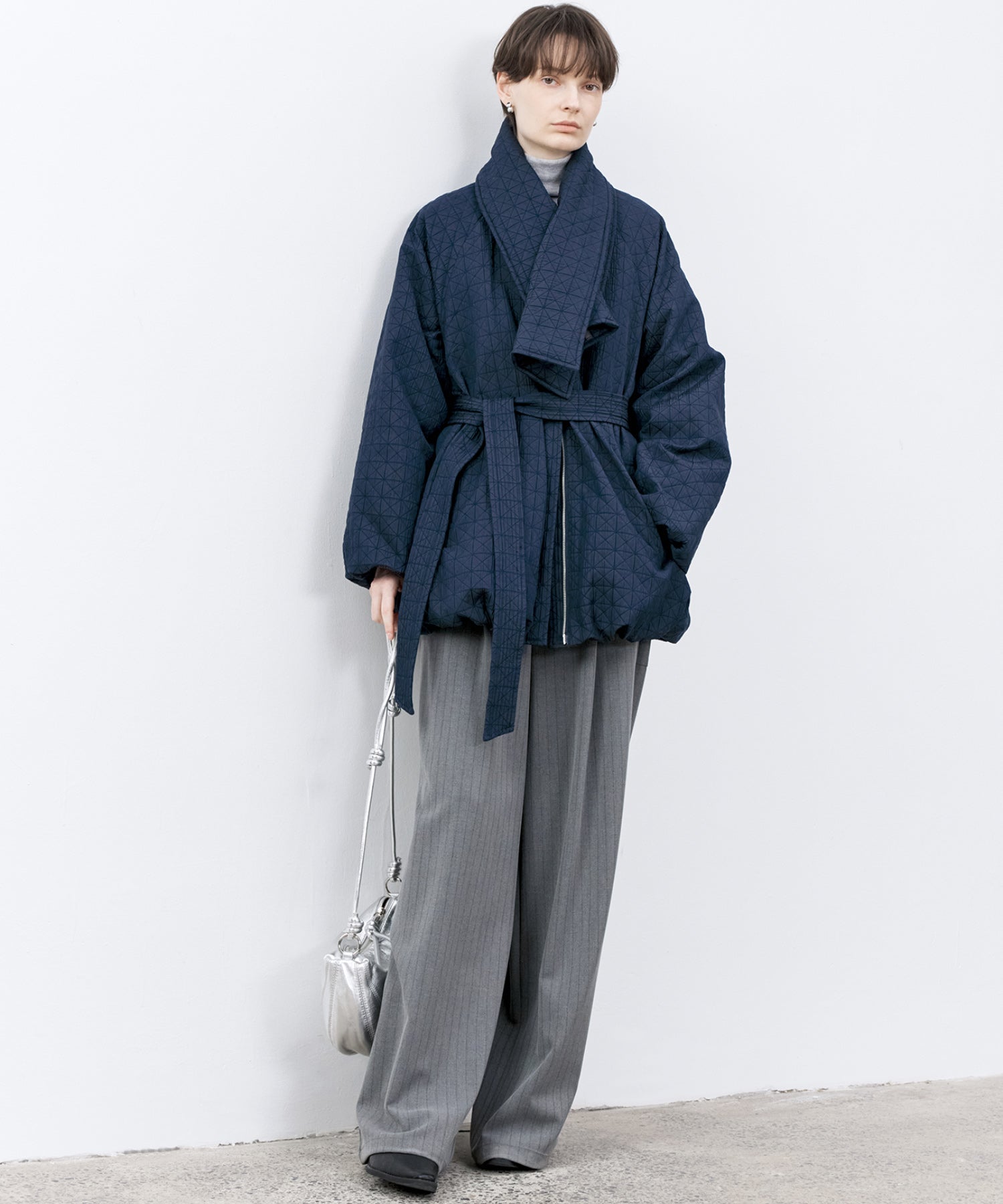 Diamond Jacquard Quilted Down Coat – Belt & Scarf Set