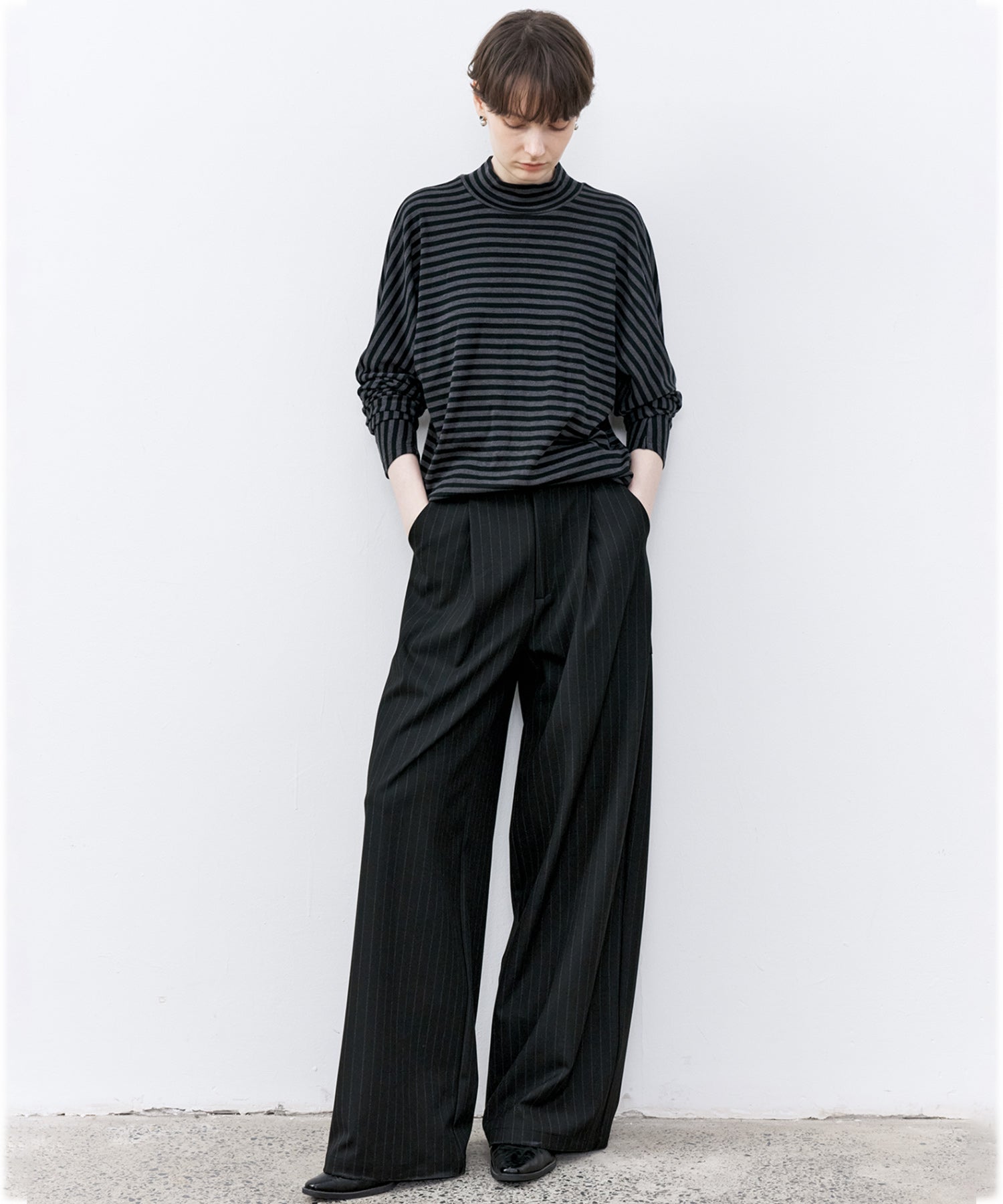 Wool Blend Striped Bihigh Neck Long Sleeve Tee