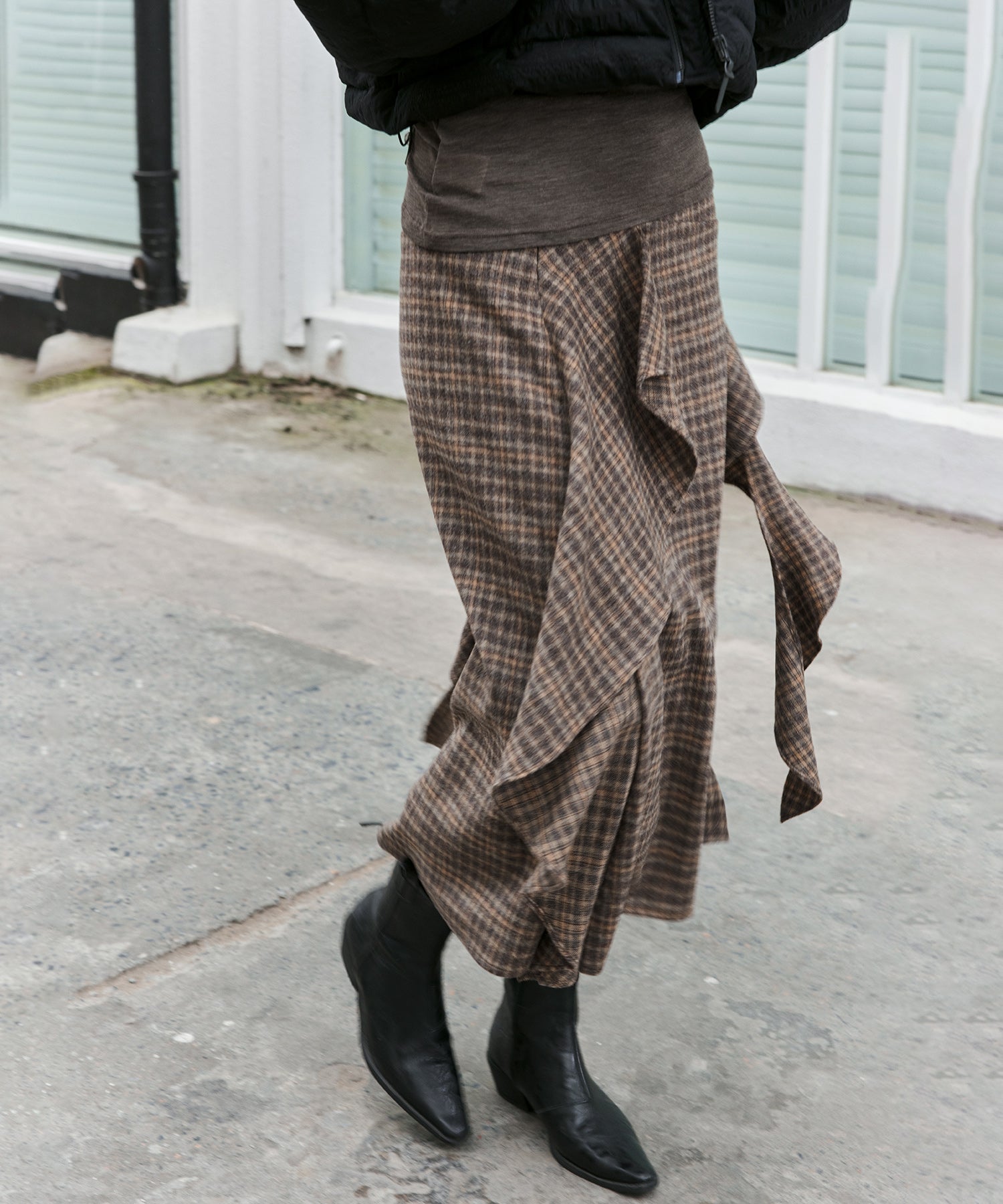 Wool Blend Irregular Flake Detail Yarn-Dyed Vintage Check Brushed A-Line Midi Skirt