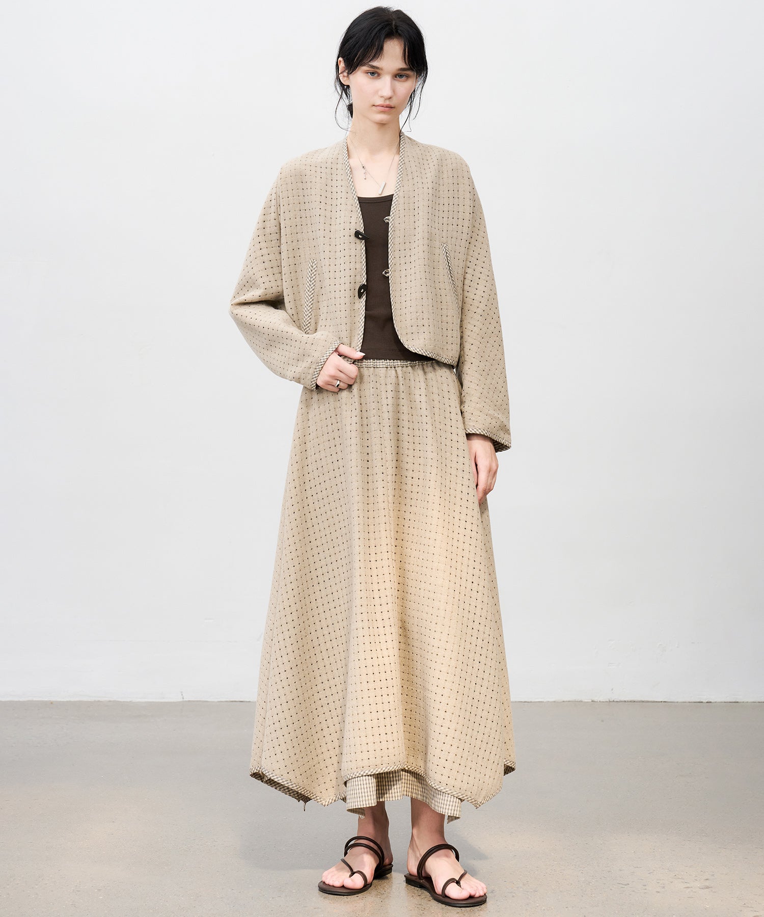 Cut-Out Layered High-Waist A-Line Midi Flare Skirt