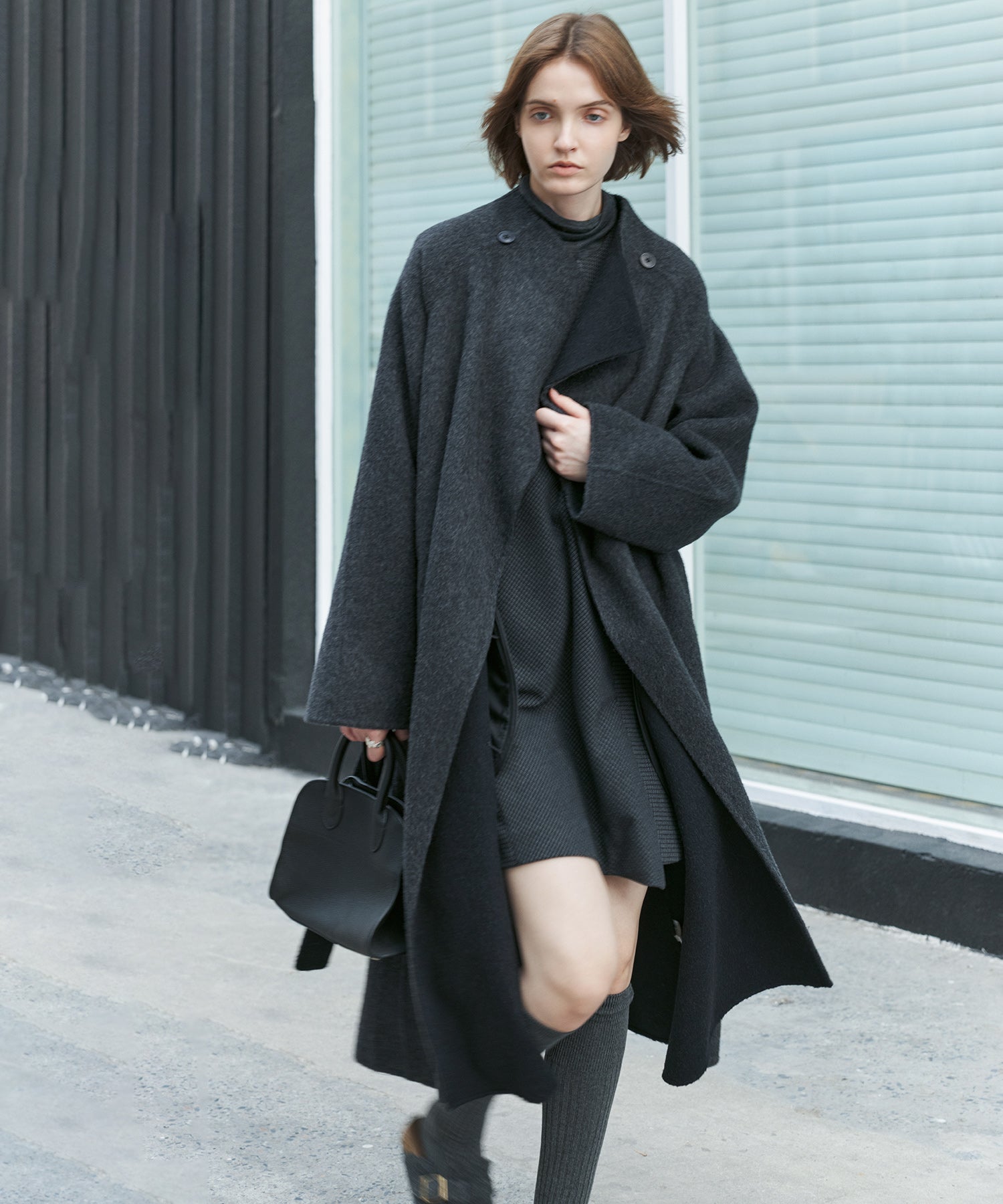 100% Wool Overlap Collar Double-Faced Long Coat