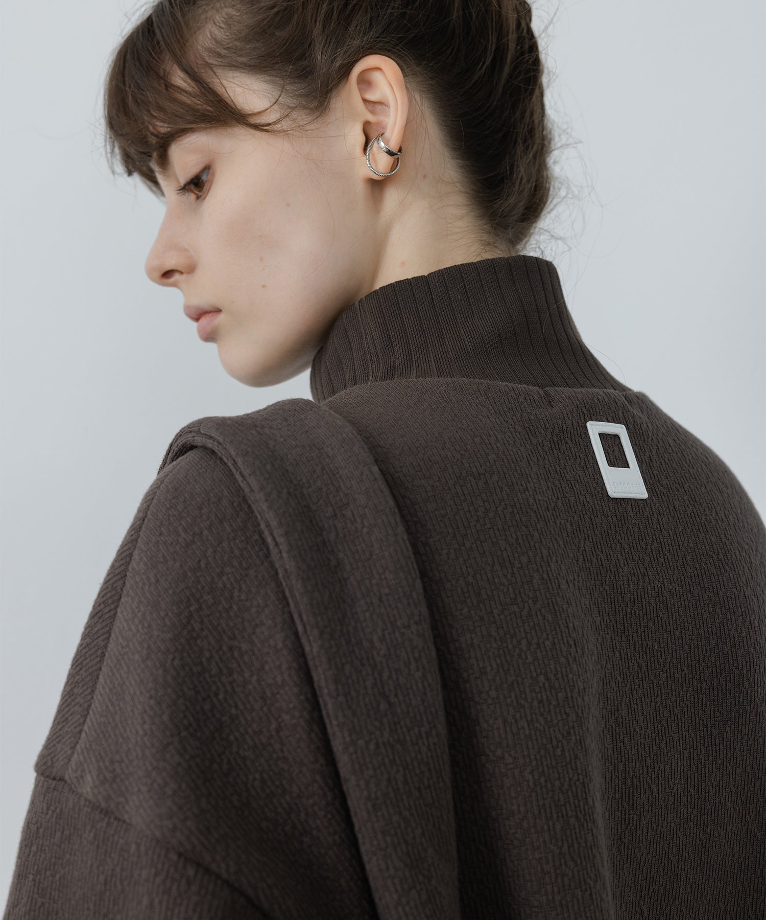 Front Slit High-Neck Jacquard Cut Top