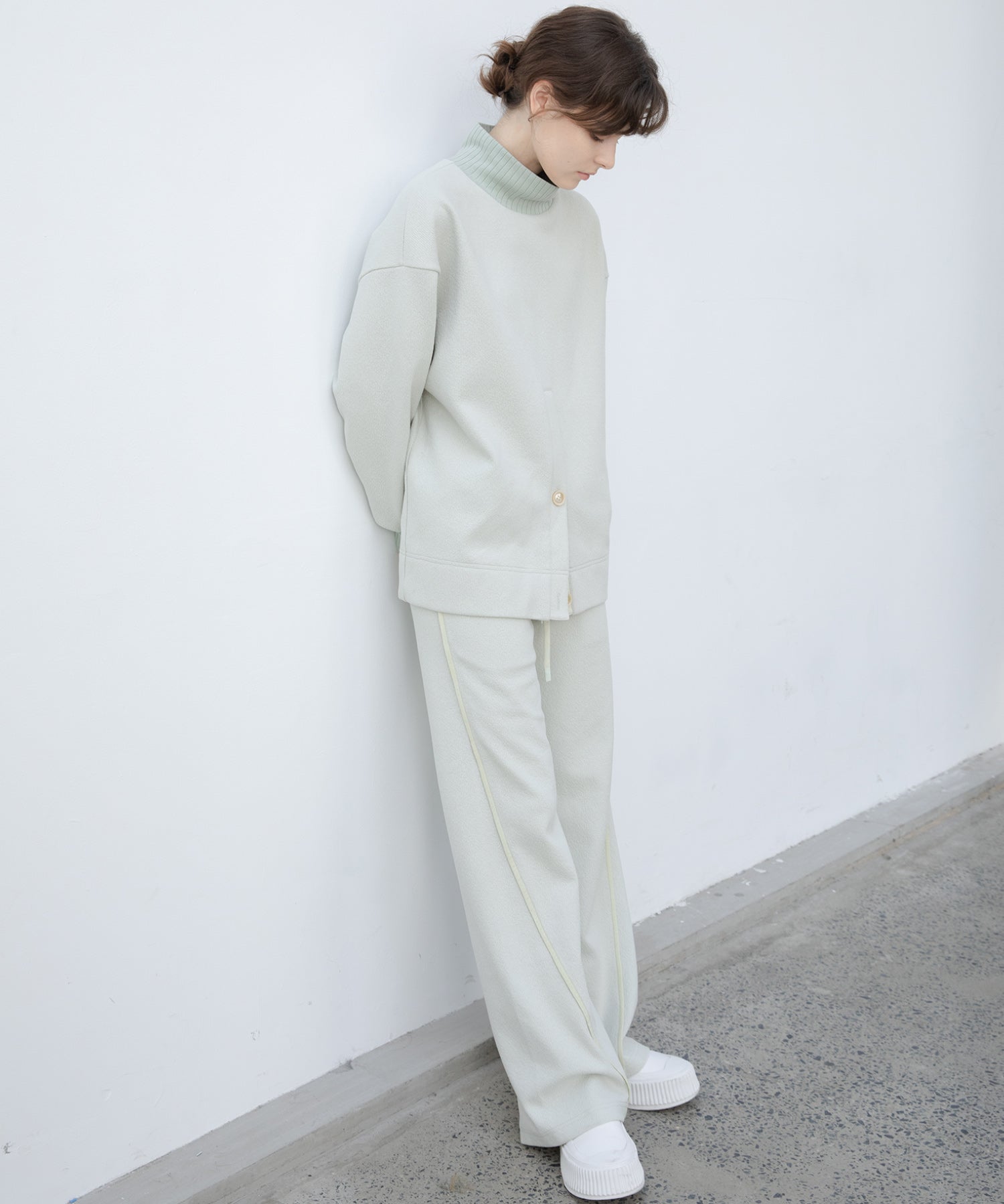 Front Slit High-Neck Jacquard Cut Top