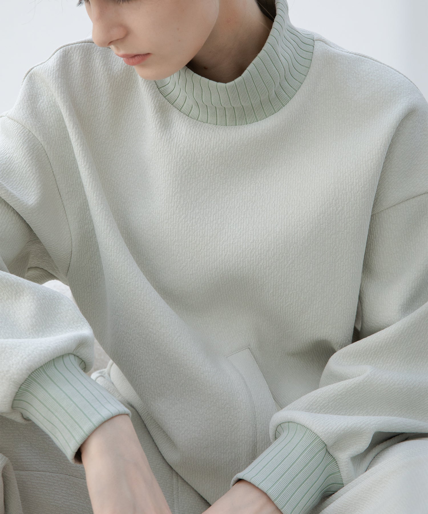 Front Slit High-Neck Jacquard Cut Top